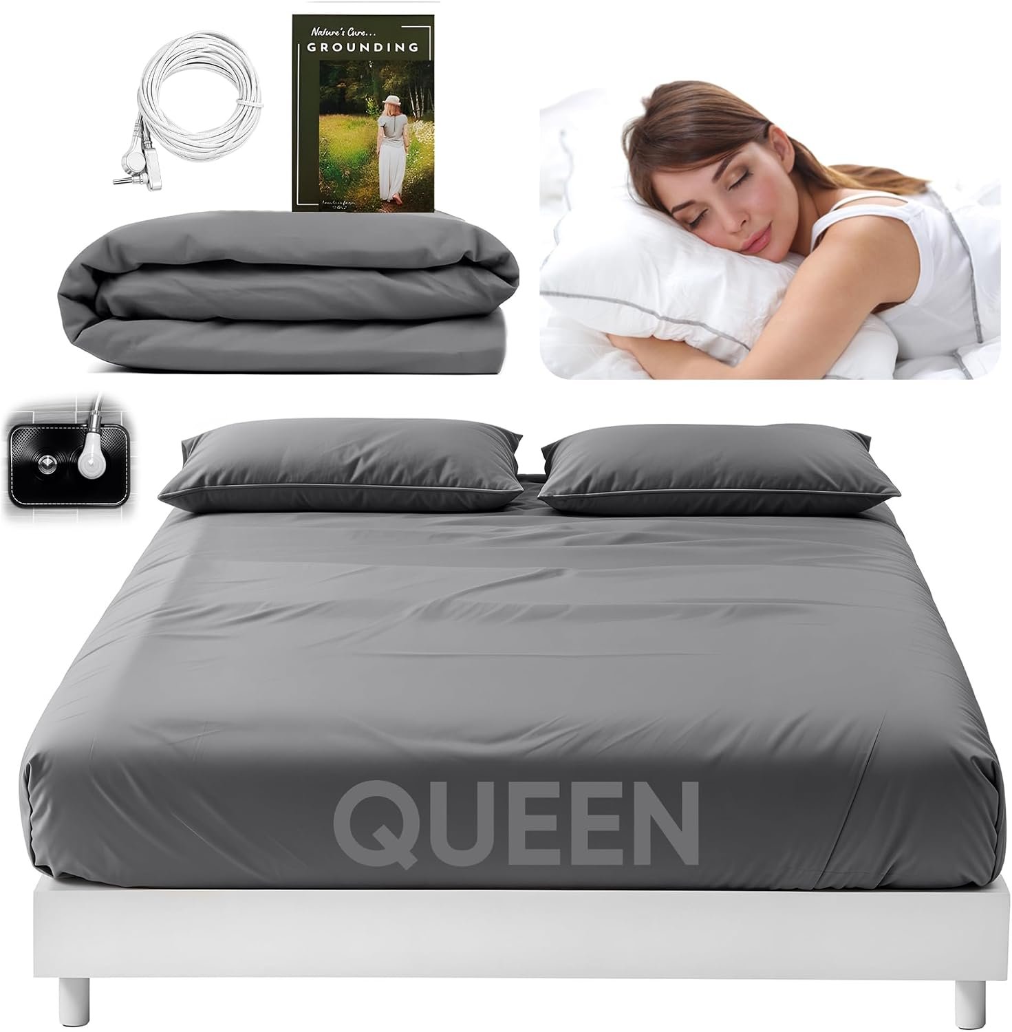 Earthing Grounding Sheets Queen Size (Grey) – 400 Thread Count Soft Earthing Grounding Sheet w/Cotton, & Silver Fiber- Earthing Sheets Grounding with Reinforced Grounding Cord for Conductivity, Gray