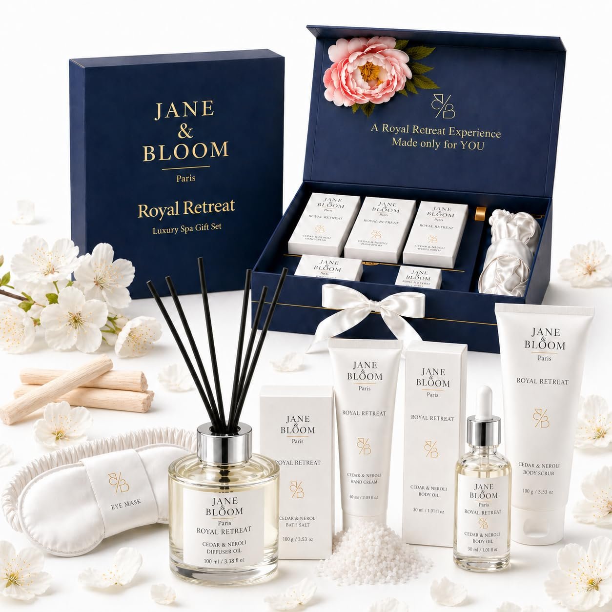 Royal Retreat Luxury Spa Gift Box for Women, Cedar & Neroli Bath and Body Gift Set, Relaxing Home Spa Kit with Bath Salt, Body Scrub, Body Oil, Hand Cream, Eye Mask, Mothers Day Gifts