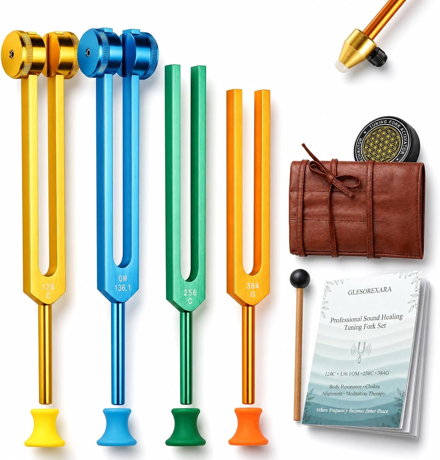 4-Color Tuning Forks for Healing Set, Calibrated No-Rattle 128Hz-384Hz