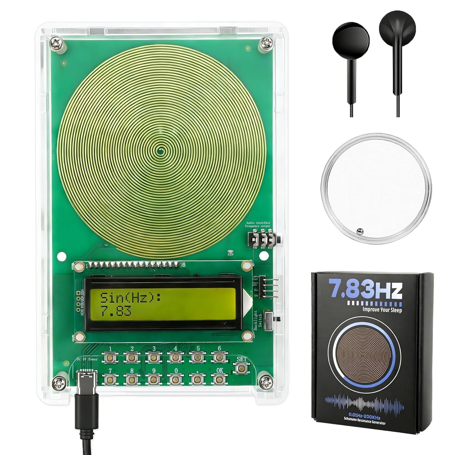 Frequency Generator for Healing | 7.83Hz Schumann Resonance Generator | Adjustable 0.01Hz–200kHz Sound Device with Acrylic Case for Sleep, Meditation & Relaxation