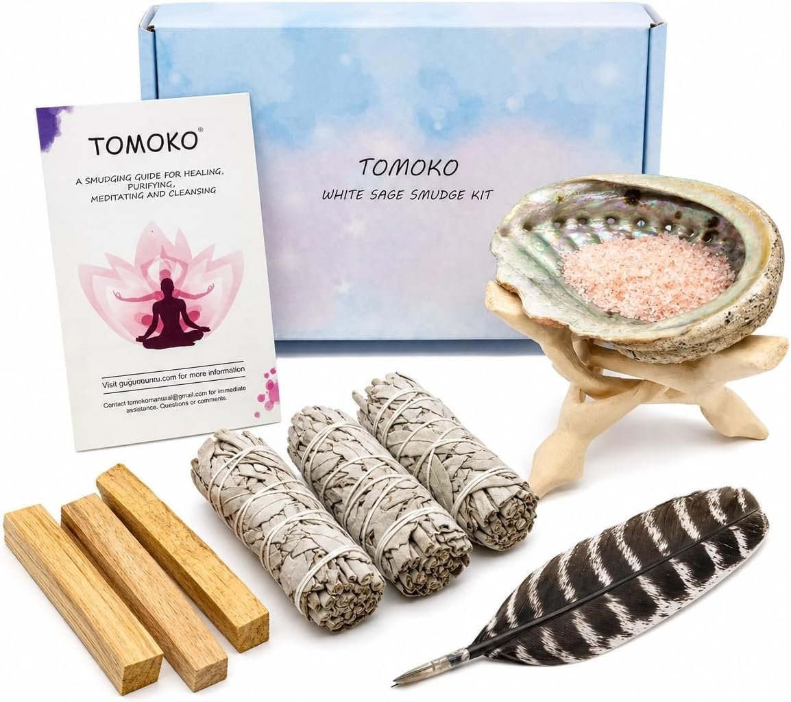 White Sage Smudge Kit – 3 White Sage, 3 Palo Santo, Abalone Shell, Wooden Tripod Stand, Feather, Himalayan Salt & Smudging Guide! Healing, Purifying, Meditating, Incense & Cleansing