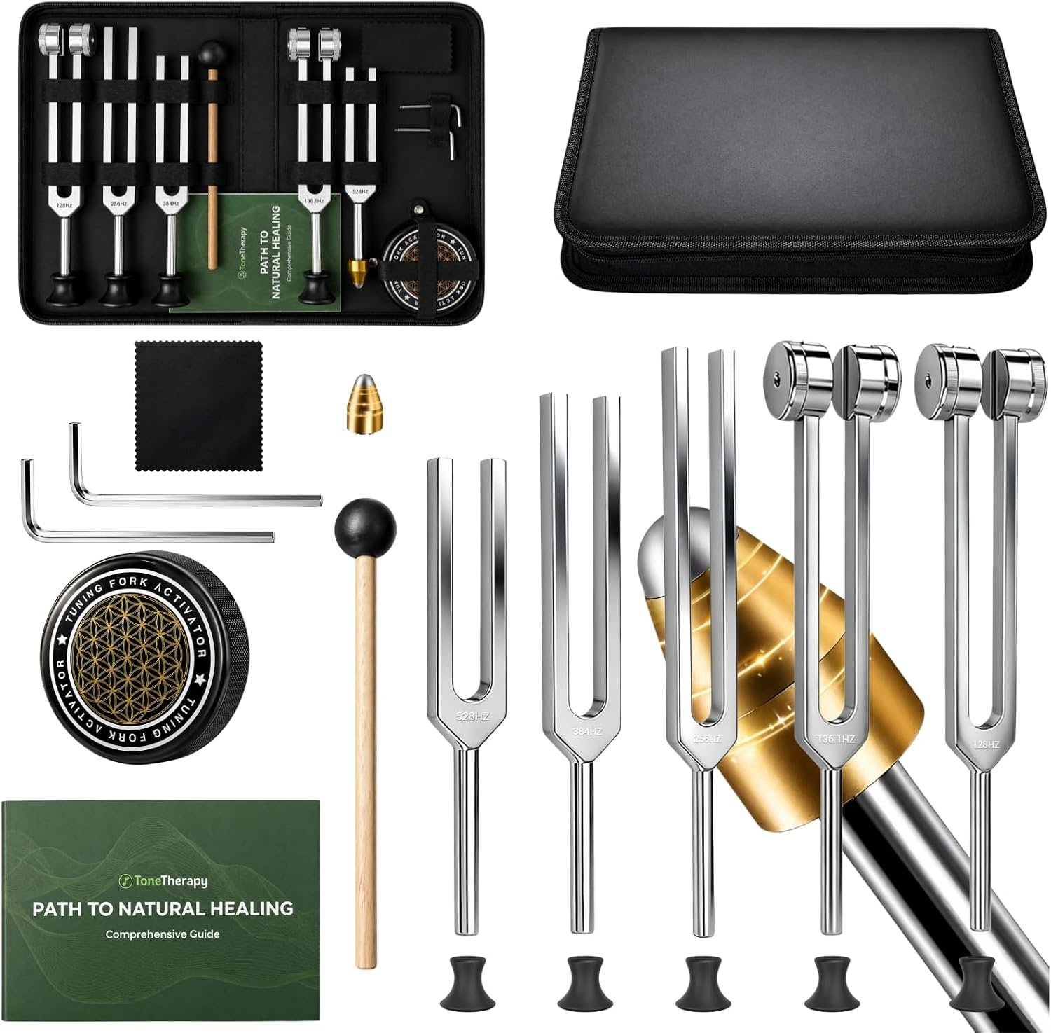 5 in 1 Tuning Forks for Healing Set, 5 Frequencies (128Hz, 136.1Hz, 256Hz, 384Hz, 528Hz) Sound Therapy Kit with Activator & Leather Case, Premium Gift for Meditation, Yoga & Chakra