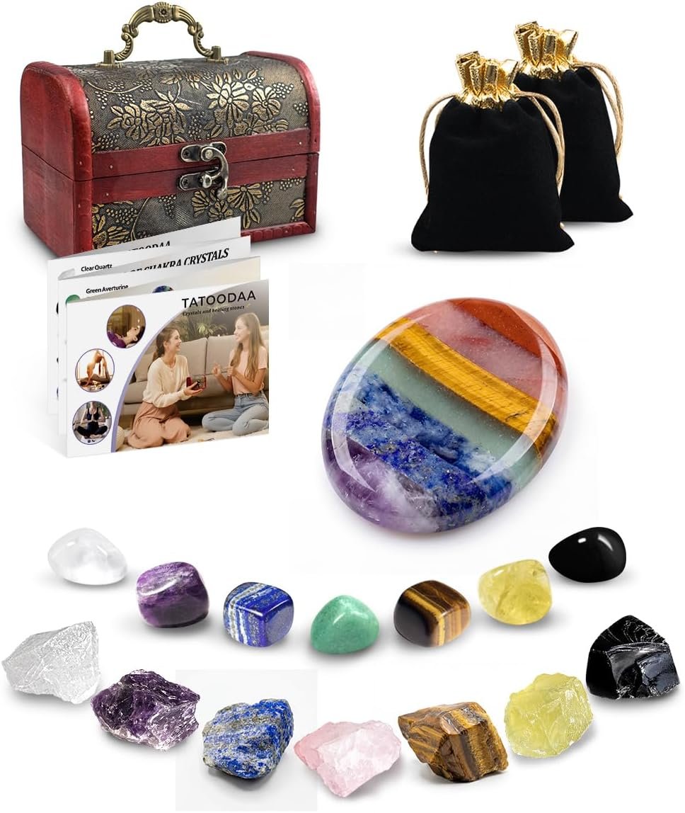 Crystals and Healing Stones – Thumb Worry Stones for Stress Relief Gifts – 7 Chakra Crystal Stones Set, Real Natural Raw Reiki Positive Energy for Meditation, Birthday Crystal Gifts Set for Women