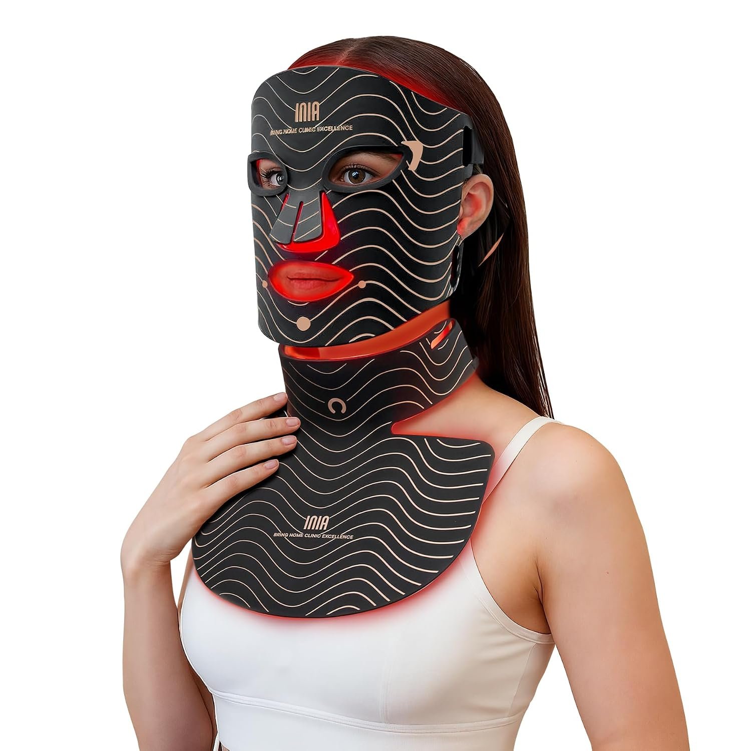 INIA Red Light Therapy Mask for Face, Neck & Chest, 850nm NIR, 4 Modes | 4-Week Visible Results, High Coverage, Red Blue Yellow Lights, 105mW/cm², 228 LEDs, 2600mAh Rechargeable, Adjustable Timer