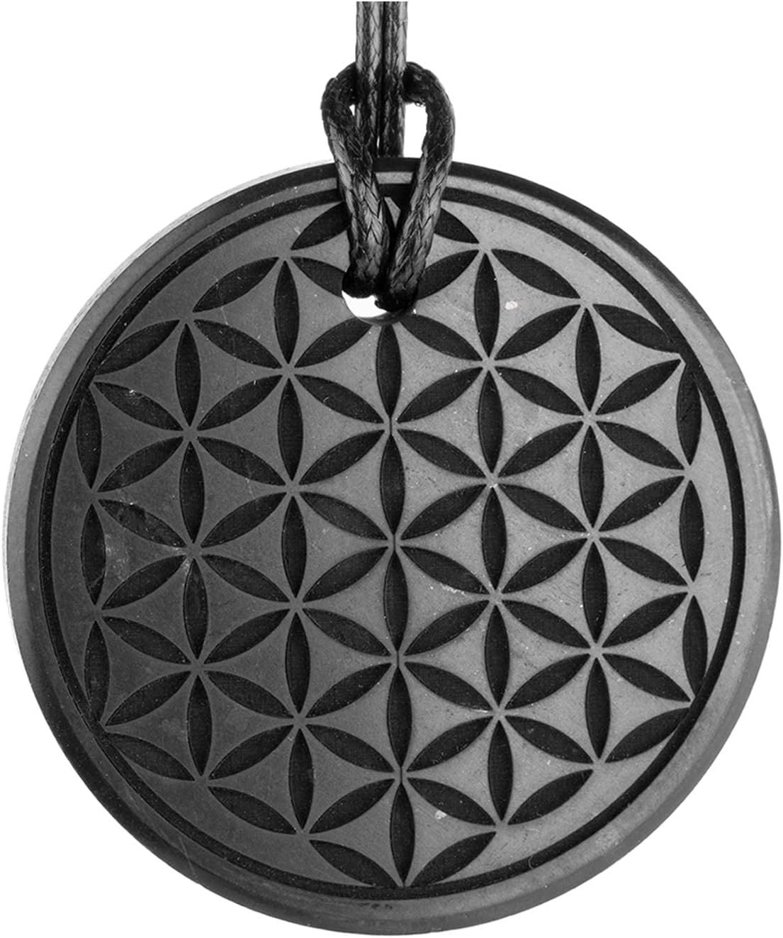 Shungite Pendants, Necklace and Amulets – Made of Authentic Russian c60 Stone – Engraved – 1.4 inches – Round Shape (Flower of Life)
