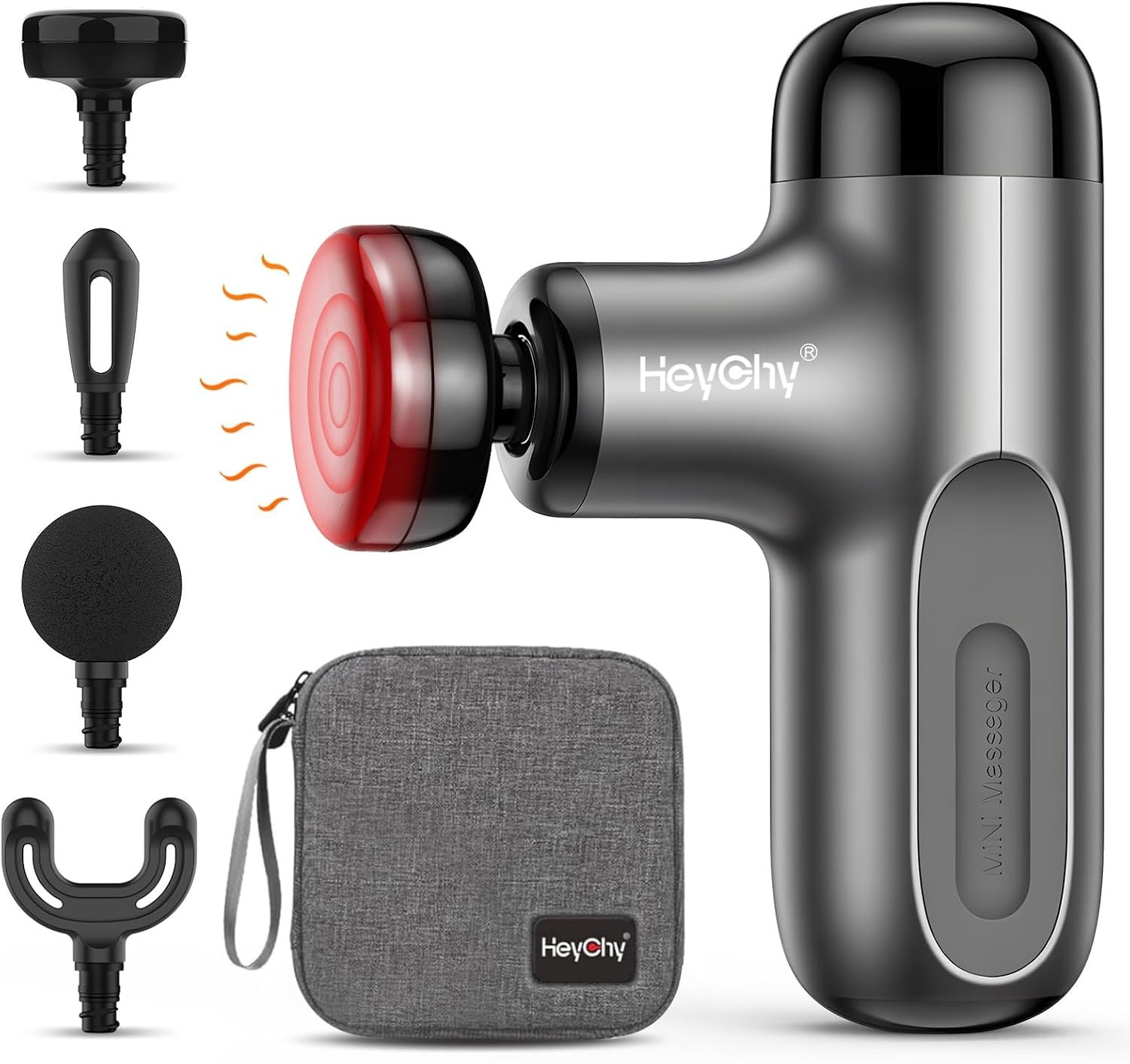 HEYCHY Mini Massage Gun Deep Tissue with Heat, FSA Eligible Massager Gun for Back Neck Relief, Portable Percussion Muscle Massager with 4 Massage Heads for Athletes, Men Women, HSA Eligible