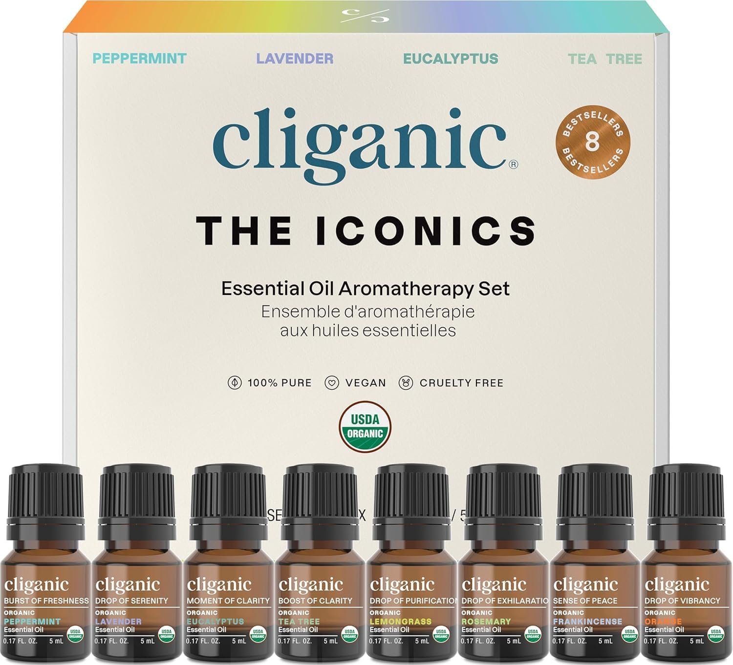 Cliganic Organic Aromatherapy Essential Oils Gift Set (Top 8 – The Iconics), 100% Pure – Peppermint, Lavender, Eucalyptus, Tea Tree, Lemongrass, Rosemary, Frankincense & Orange