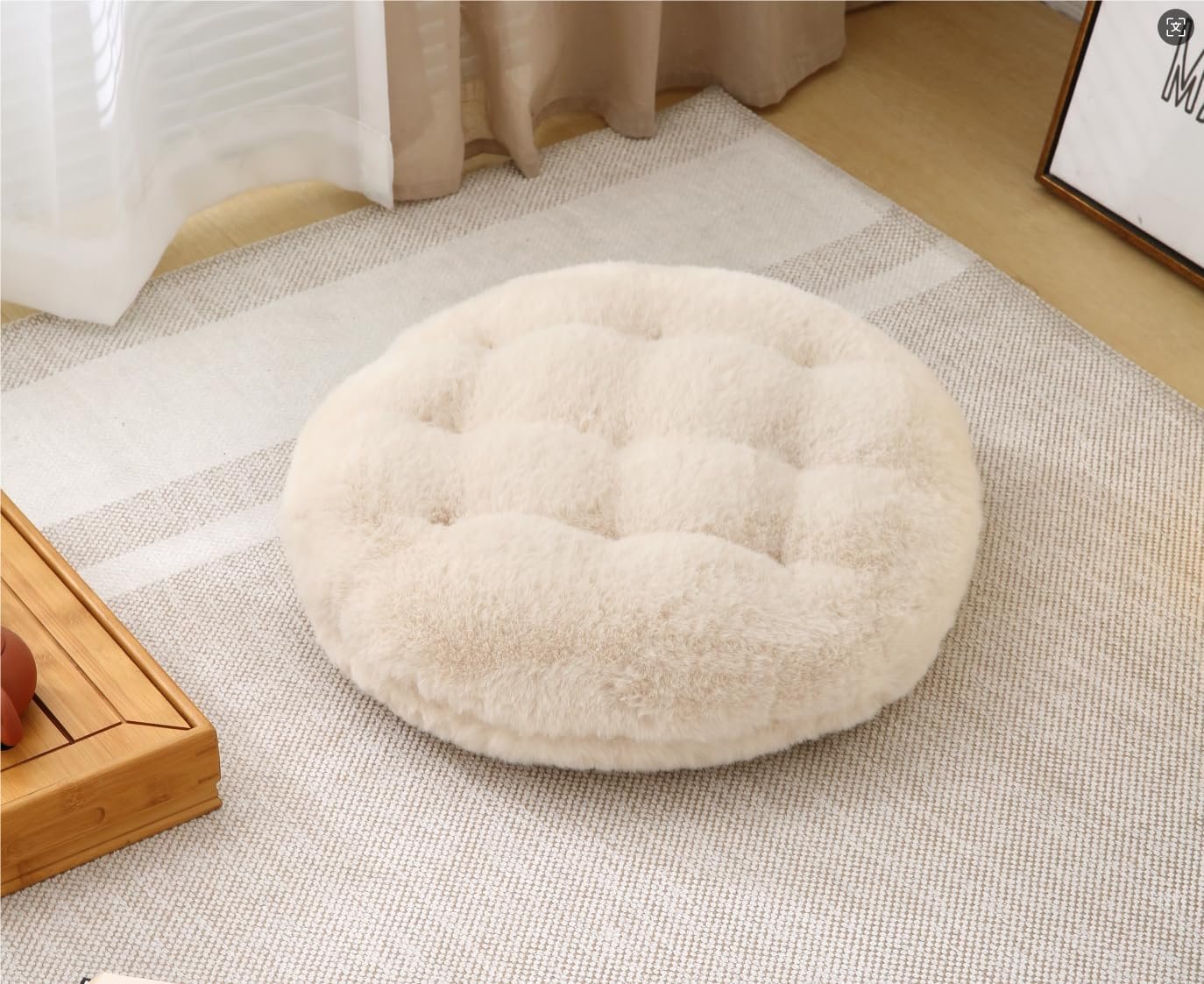 Large Floor Pillow Meditation Cushion Round Floor Cushions for Adults,Luxury Faux Fur Thick Floor Pillows for Sitting Put in Living Room Balcony Outdoor Tatami（Beige）
