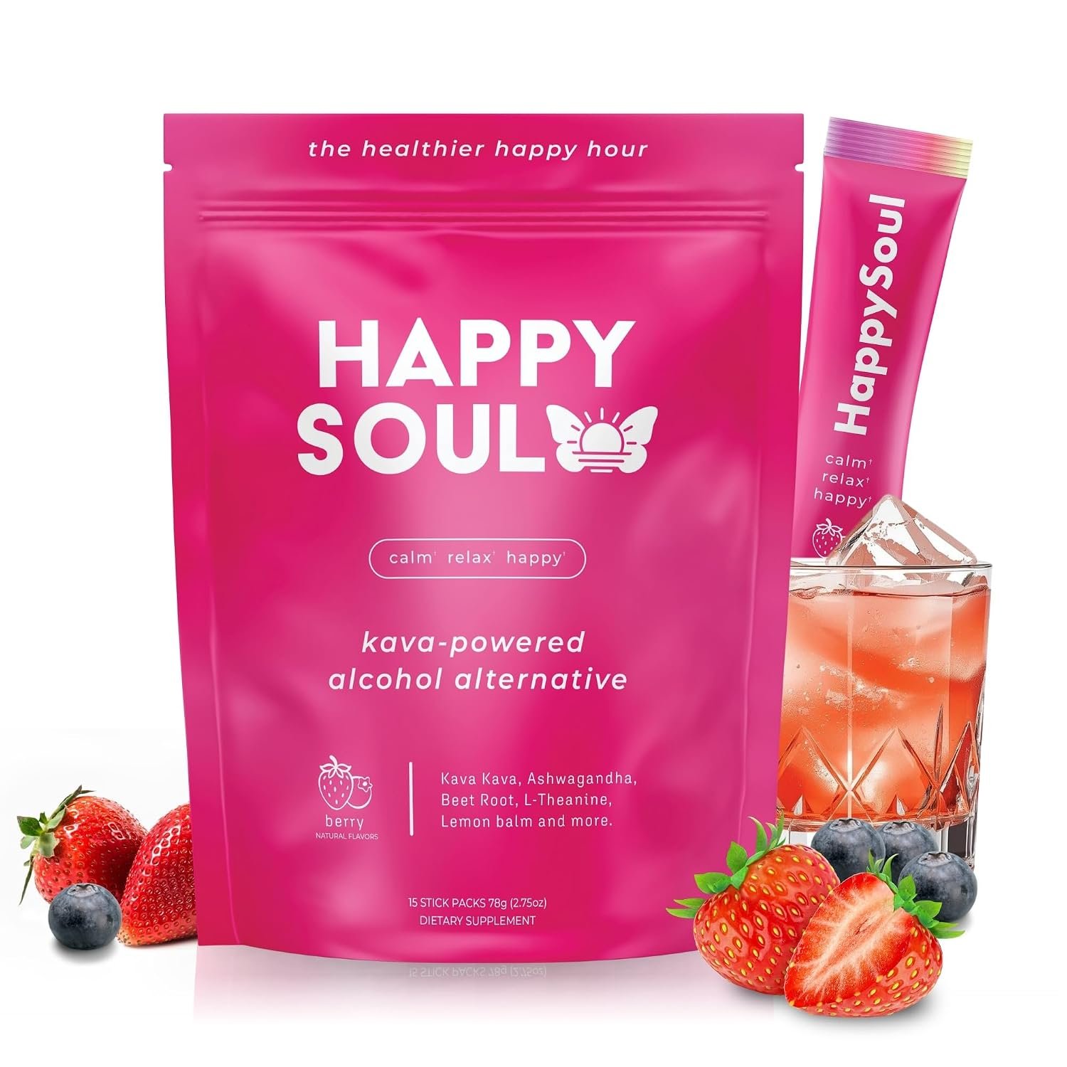 HappySoul Kava Drink Mix Powder-Alcohol Alternative for Evenings & Social Drinking – Kava Kava Mocktail for Relaxation – Adaptogen Drink with Magnesium, Ashwagandha, L-Theanine | Berry, 15 Stick Packs