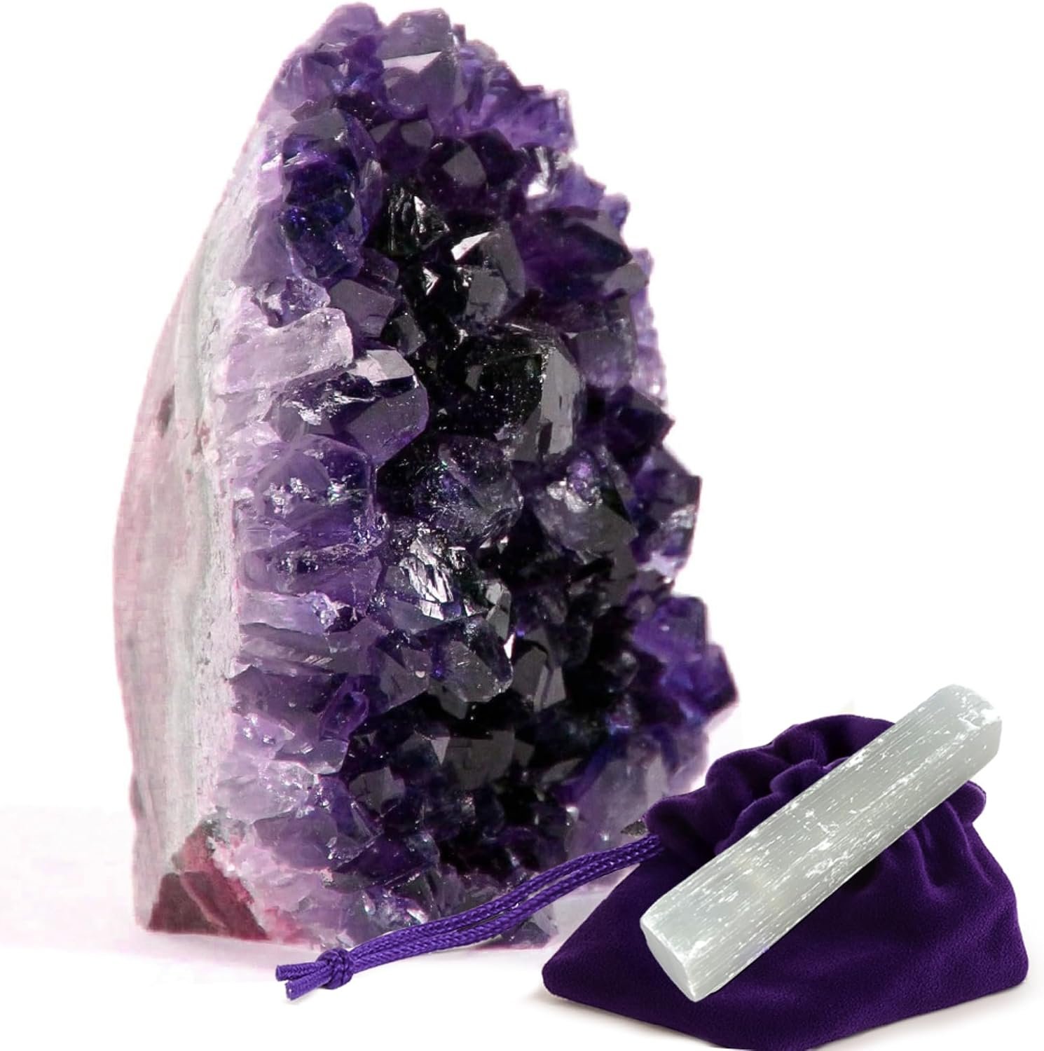 SUPERIOR Amethyst Crystal Rock Cluster [3/4 to 1 lbs] – Natural Edge, Flat Bottom, Healing & Calming Unique Amethyst Purple Geode Stone – Ideal Purple Decoration – Free Selenite Wand