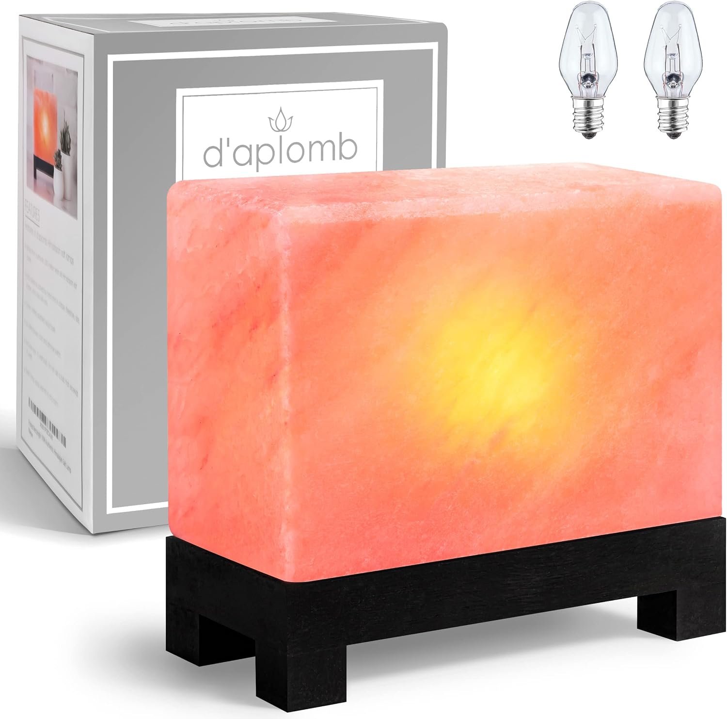 d’aplomb 100% Authentic Natural Himalayan Salt Lamp;Hand-Carved Modern Rectangle Rare Pink Crystal Rock Salt from The Himalayan Mountain; Footed Wood Base, Dimmer Cord; 11.5 lbs