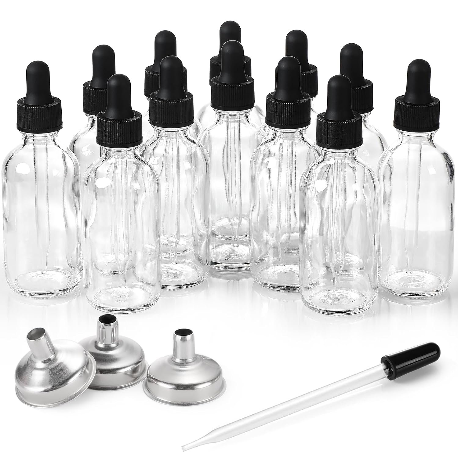 12 Pack, 2 oz Glass Eye Dropper Bottles w/ 3 Stainless Steel Funnels & 1 Long Pipette Dropper & 24 Labels – 60ml Clear Tincture Bottles for Essential Oils, Liquids – Leakproof Travel Essential Bottles