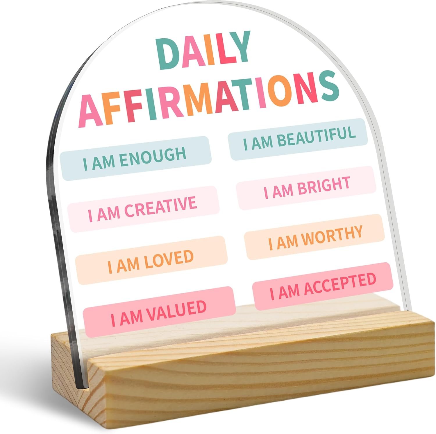 Inspirational Positive Daily Affirmations Plaque, Arched Acrylic Sign with, Encouragement Self Love Gifts for Women, Motivational Desk Decor for Home Office, Uplifting Gift for Family Friends (4″x4″)