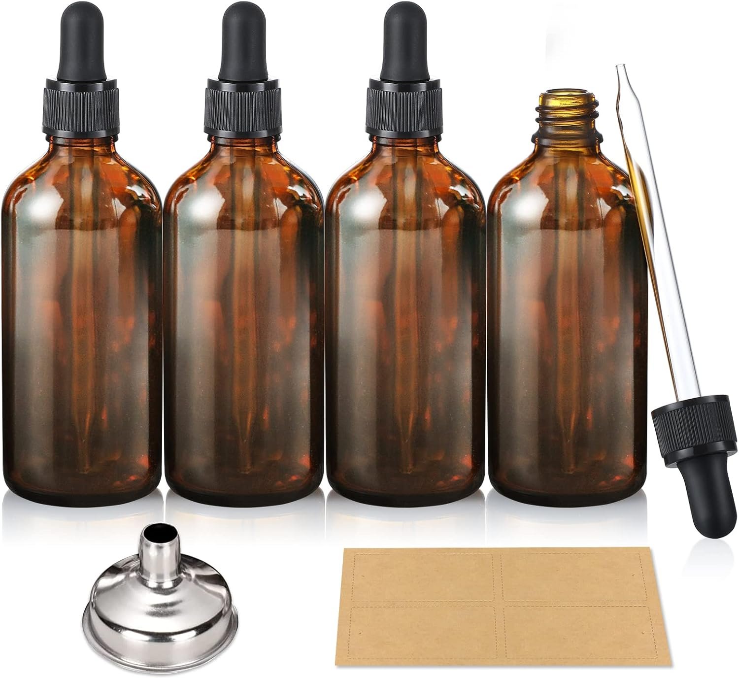 AOZITA 4 Pack, 100ml Dropper Bottles with 1 Funnel & 4 Labels – Essential Oils Bottles for Health, Personal Care & Beauty – 3.4oz Thick Dark Amber Glass Tincture Bottle with Eye Droppers, Leakproof
