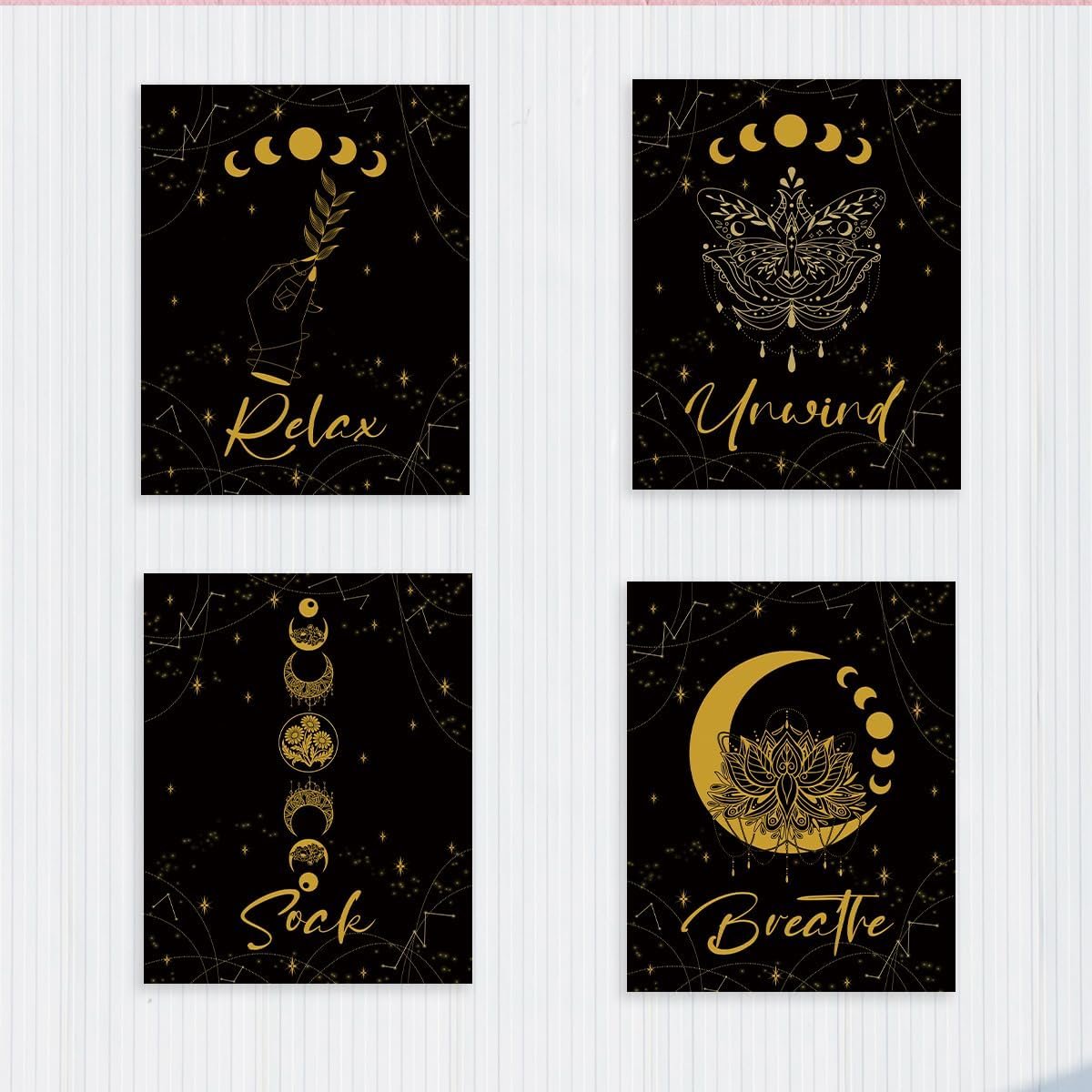 4 Pcs Black & Gold Celestial Moon Phase Posters for Room Decor Aesthetic, Mystical Lunar Spiritual Wall Art Prints, Boho Relax Breathe Quote Room Decorations for Bedroom Therapist Office, Unframed