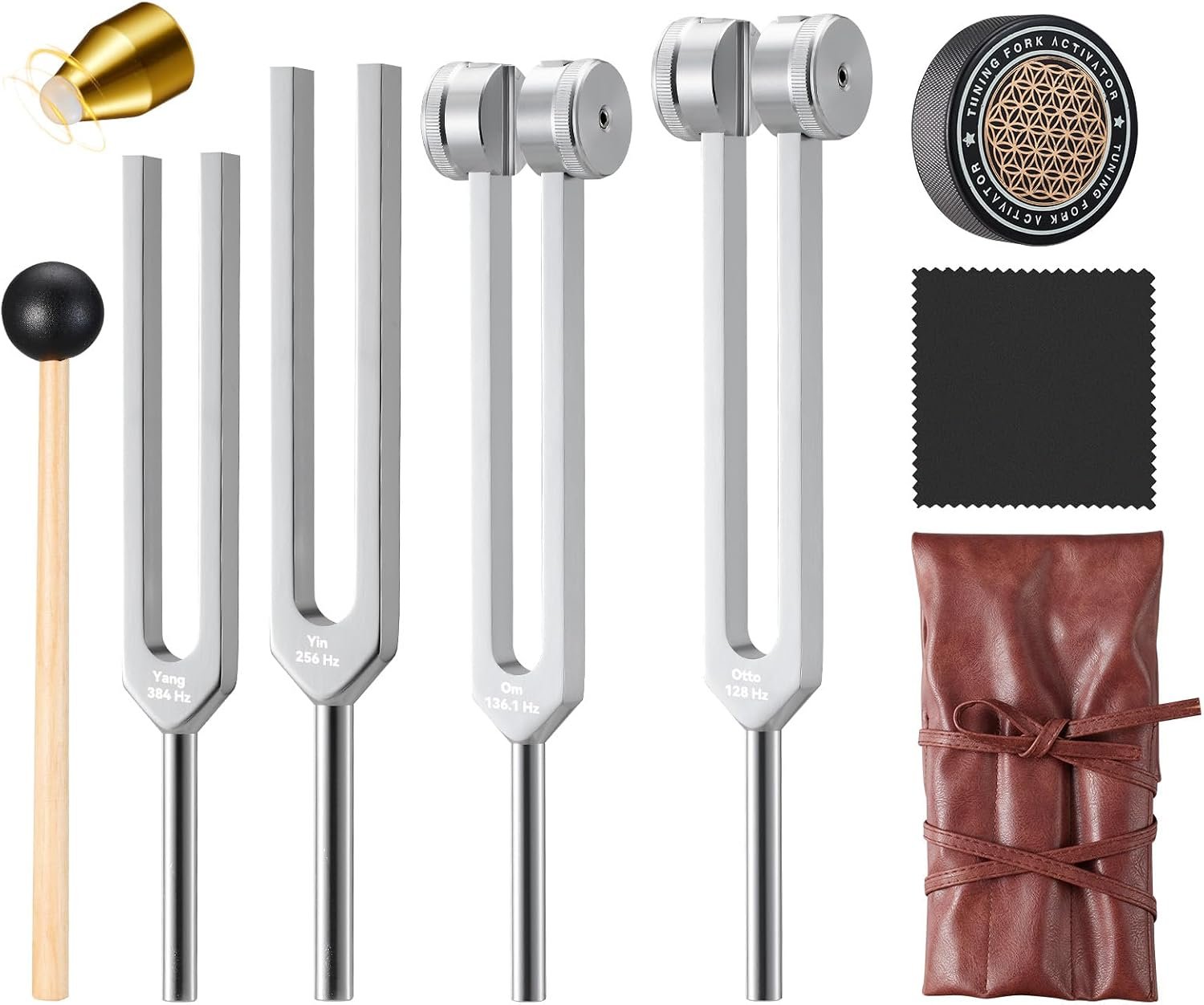 Sound Healing Tuning Fork Set – Tuning Forks for Chakra Alignment & Stress Relief – Otto 128Hz, Earth Om 136Hz, Yin 256Hz, Yang 384Hz, Activator & Pouch – Ideal for Meditation & Home Therapy