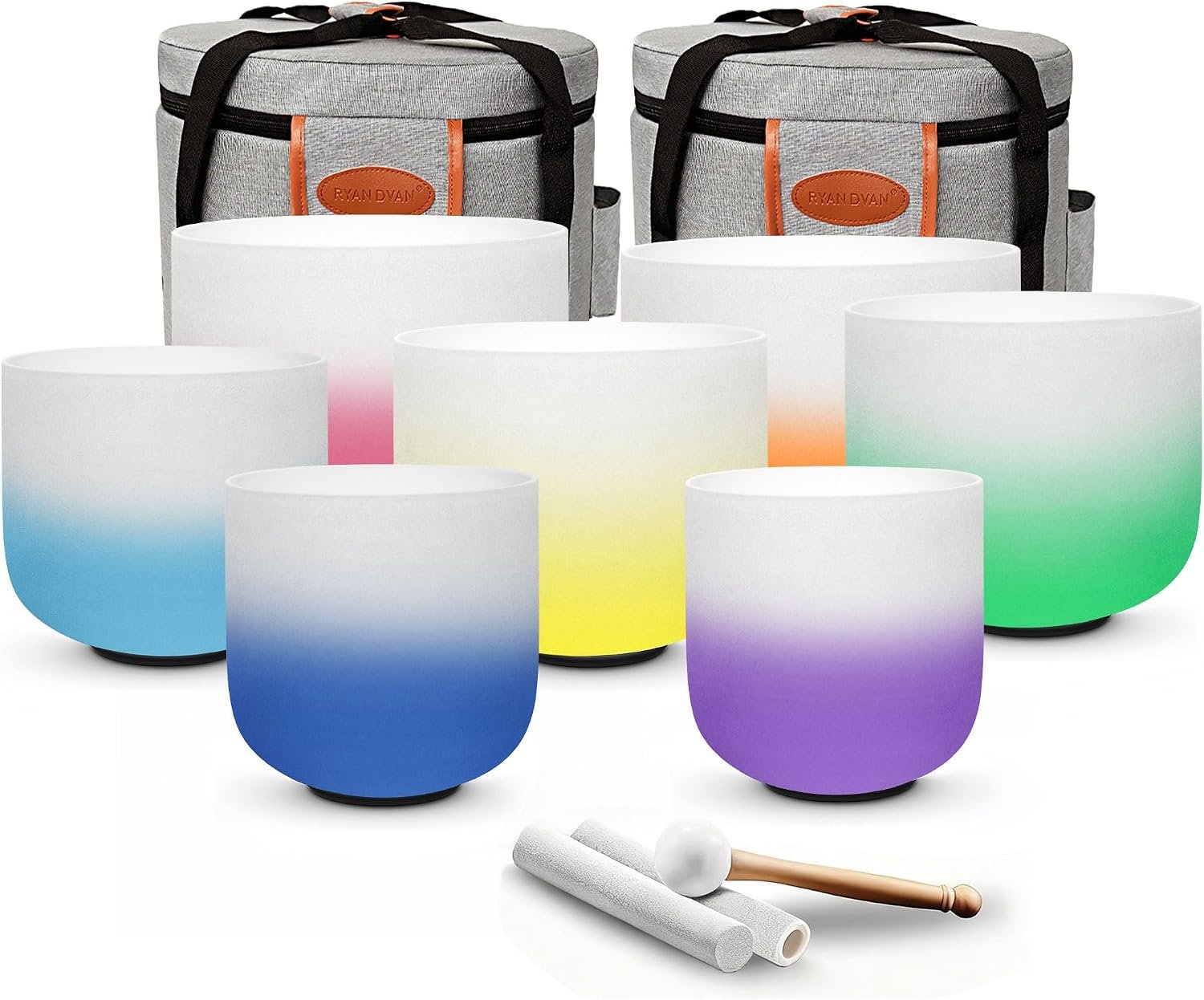 RYAN DVAN 432hz 6-12 Inch Set of 7 Pcs Gradient Design Quartz Crystal Singing Bowl Chakra Set Sound Therapy for Yoga, Reiki, Chakra Healing Energy Tuning & Mindfulness Kit