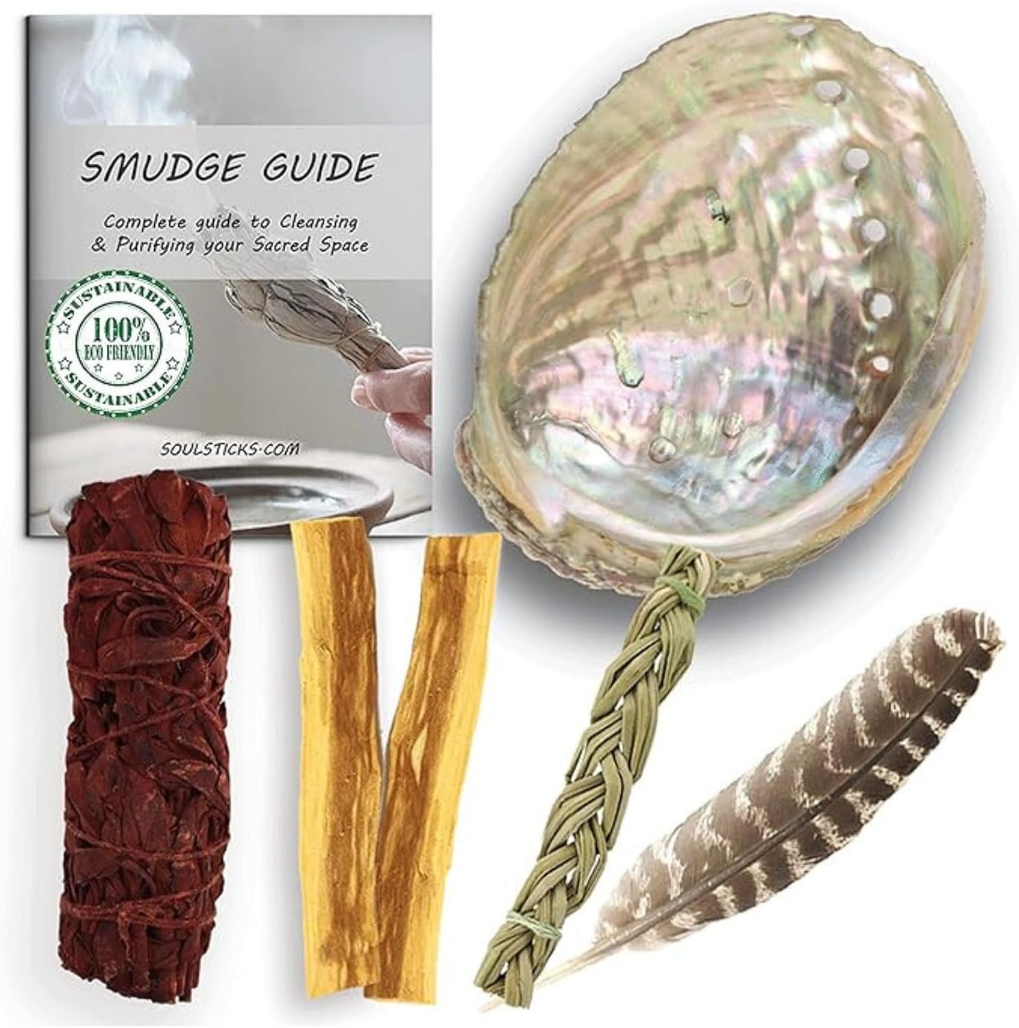 Ancient VEDA Organic Smudge Kit – Dragon’s Blood, Palo Santo, Sweetgrass, Abalone Shell, Feather & Smudge Guide | Smudging Kit for Home Energy Cleansing, Meditation (Healer’s Kit, Dragon’s Blood Sage)