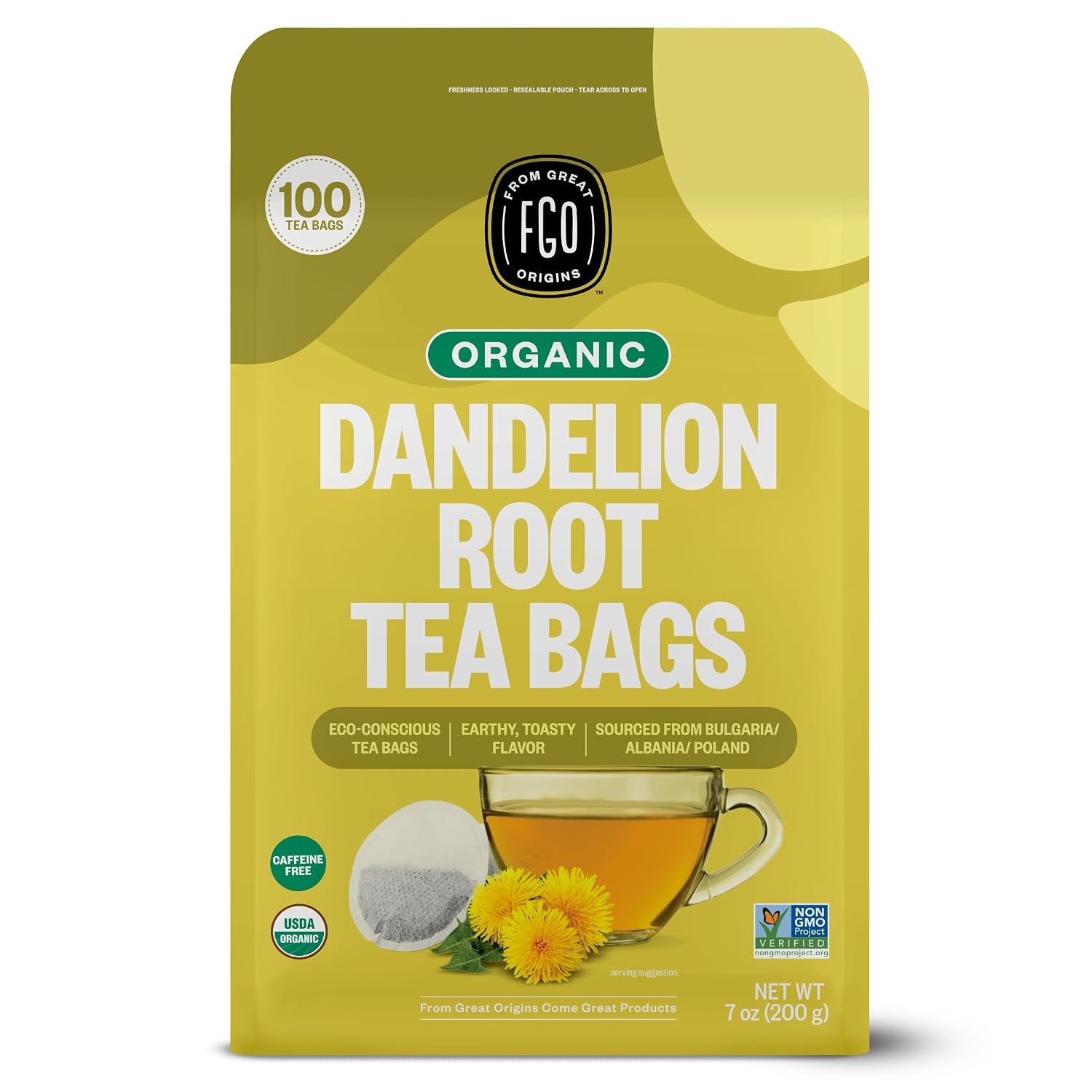 FGO Organic Roasted Dandelion Root Tea, 100 Count, Eco-Conscious Tea Bags, Resealable Bag, Caffeine Free, Packaging May Vary (Pack of 1)