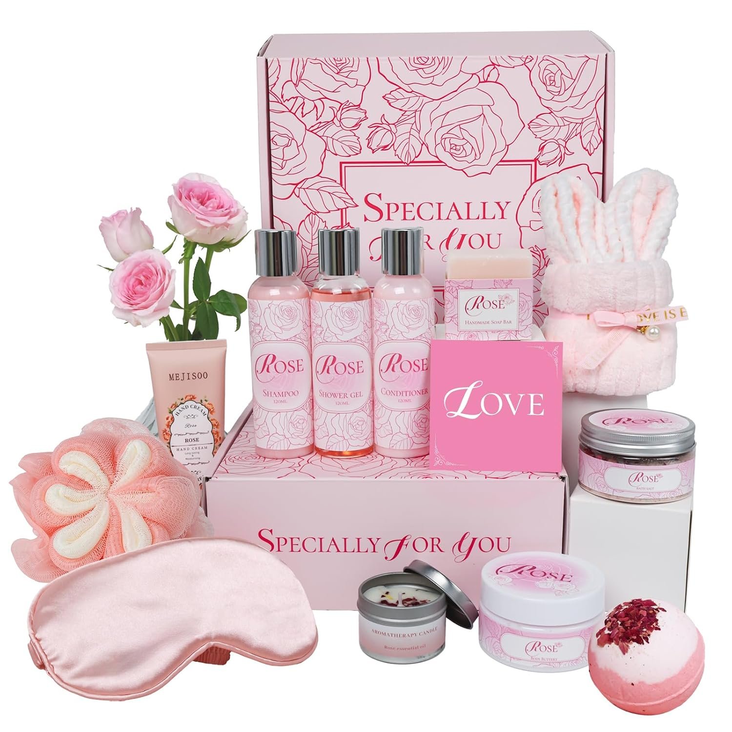 15Pcs Rose Spa Bath & Body Care Set with Bath Bombs & Lotions, Relaxing Home Spa Gift Kit for Mom Wife Girlfriend, Ideal for Mother’s Day Birthday Women Gift Sets