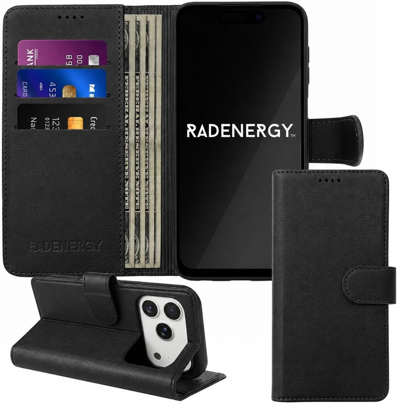 EMF Protection Anti Radiation Flip Folio Case for iPhone 13 Pro, Genuine Leather, FCC & NVLAP Lab Tested Up to 99% Radiation Reduction, Wallet Cover w Card Holder & Stand Function, Black