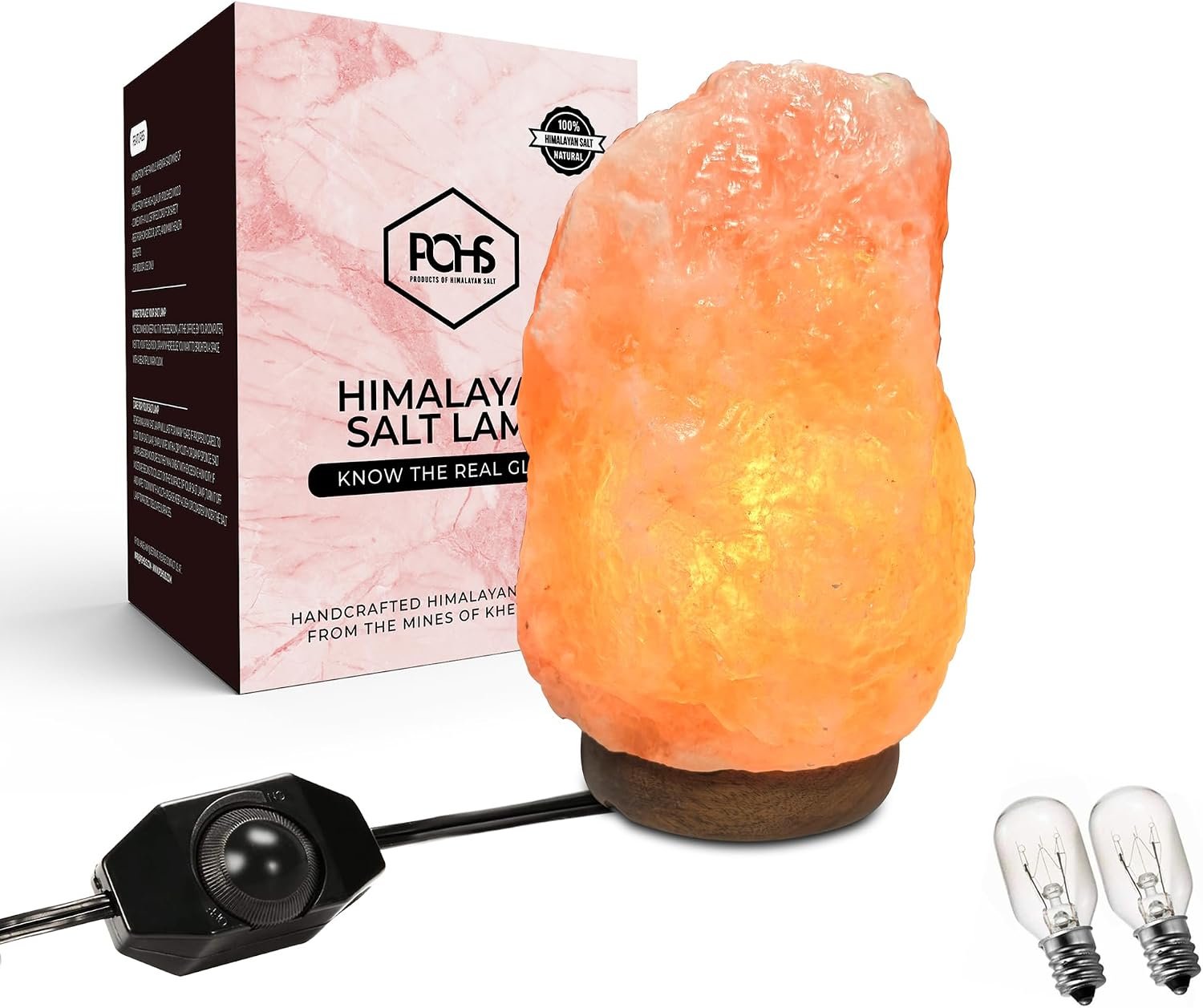 POHS 8-10 Inches (7-11 lb) 100% Authentic Himalayan Pink Salt Lamp – Handcrafted with Dimmable Switch, Wooden Base, and Bulb Replacement Included