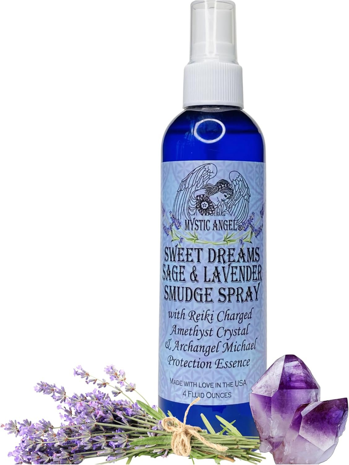 Sweet Dreams Sage & Lavender Smudge Spray (4 oz.) with Reiki Charged Amethyst Crystal & Archangel Michael Essence