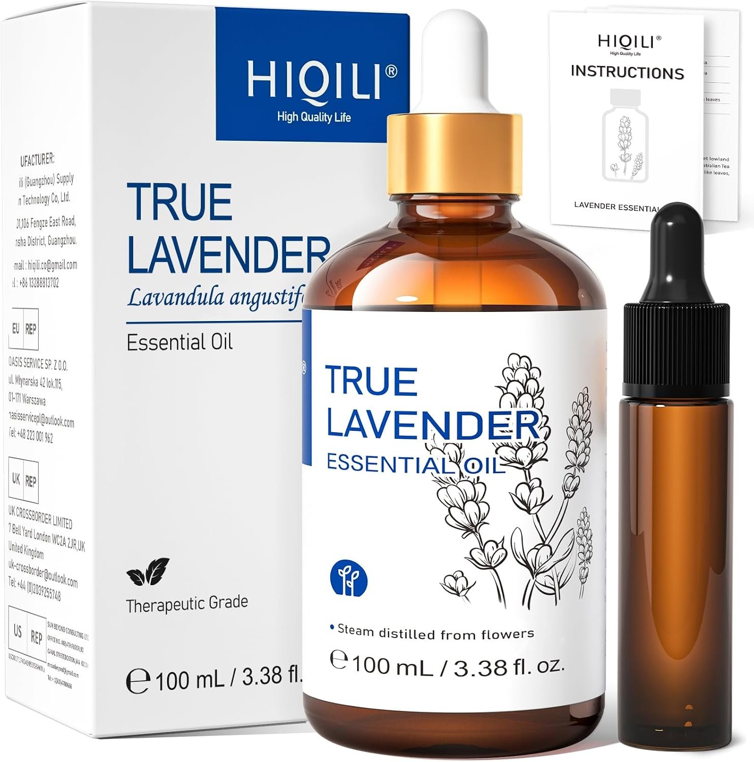 HIQILI Lavender Essential Oil for Diffuser, Aromatherapy & Better Sleep | With 10ml travel bottle, Relaxes Mind & Eases Stress, Calming Scent for Room Office & Workspace – 100mL / 3.38 fl oz