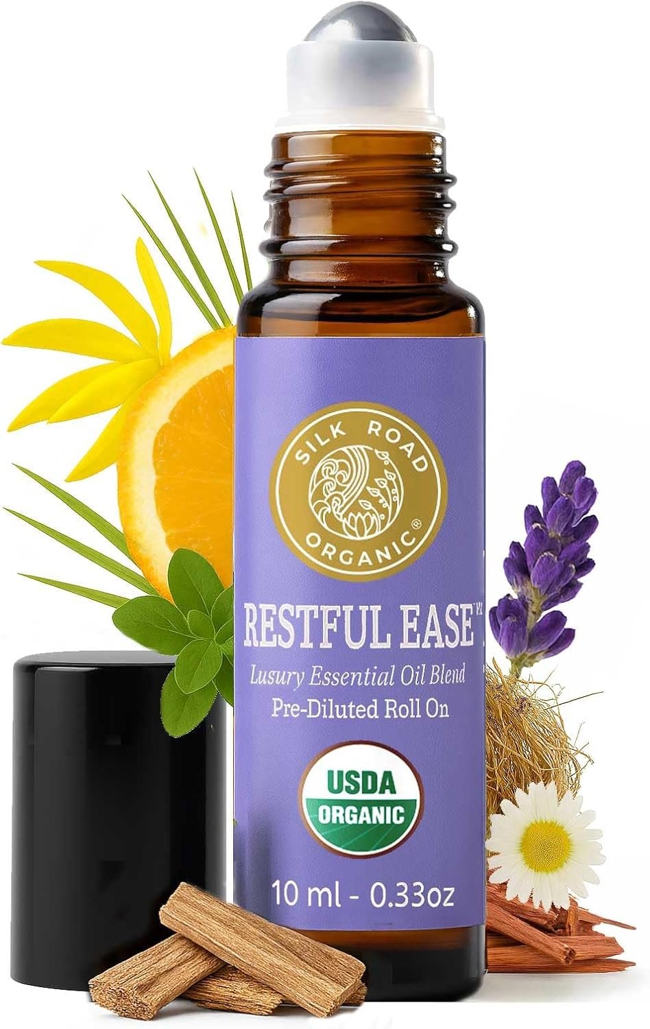 Silk Road Organic Restful Ease Essential Oil Sleep & Stress Blend Roll On – 100% Pure USDA Certified with Indian Sandalwood – Stress Ease Aromatherapy & Calming Relaxation – 10 ml Roller