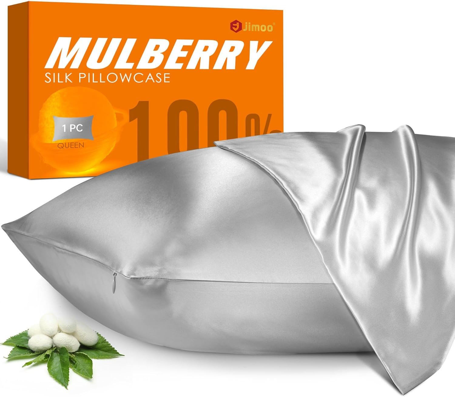 100% Mulberry Silk Pillowcase for Hair and Skin, 22 Momme Pure Natural Silk Pillow Case Both Sided with Zipper, Pillow Cover for Women Mom Men (Silver Grey, Standard 20”×26”, 1 Pack)