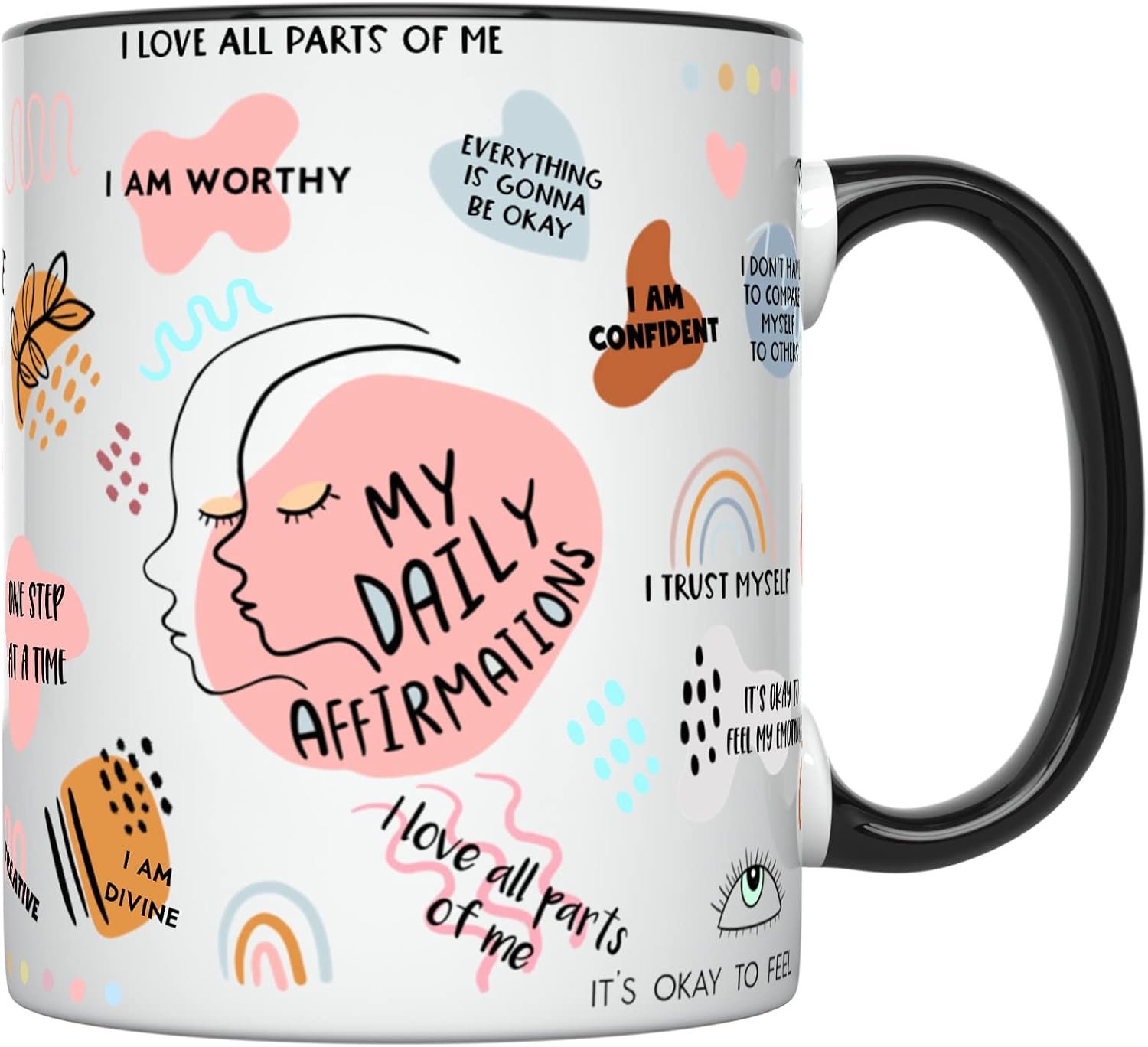 YouNique Designs Daily Affirmations Self Care Mug for Women, 11 Ounces, Mental Health Cup, Empowering Coffee Mug, Mindfulness, Encouragement (Black Handle)