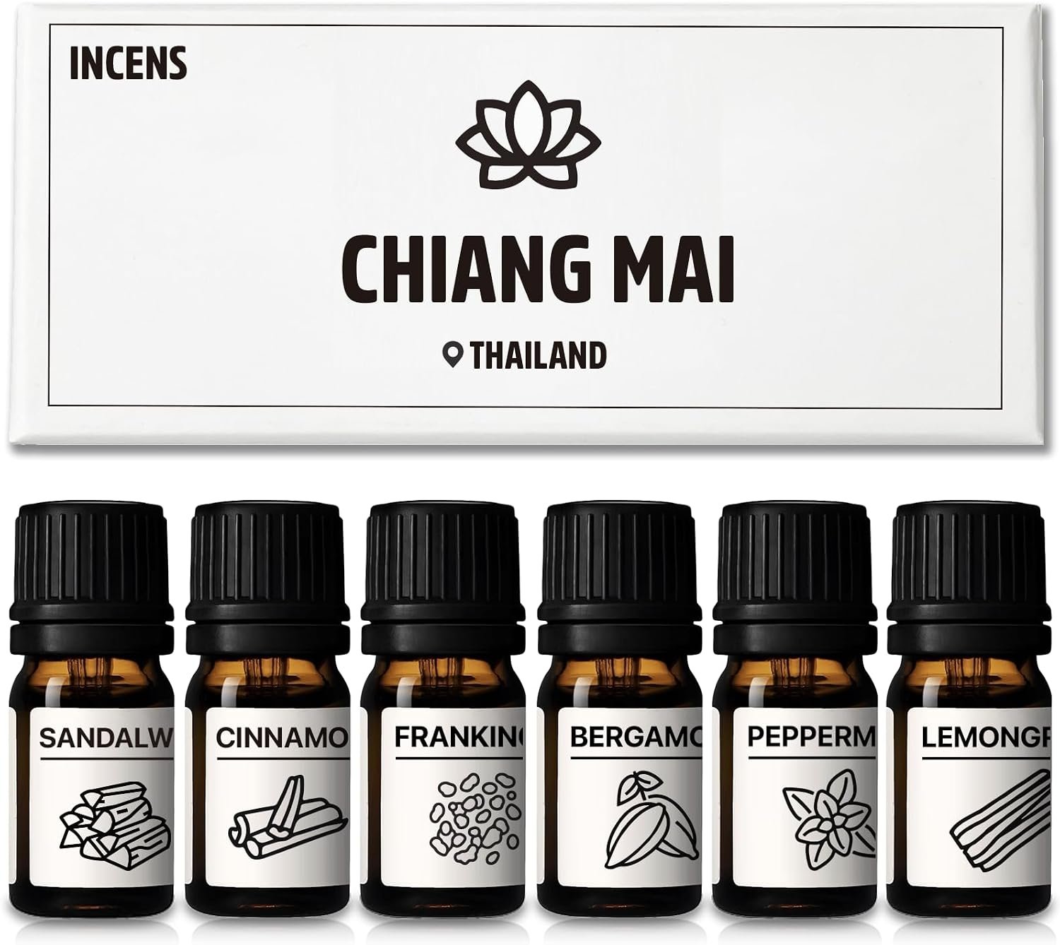 Essential Oils Set Chiang Mai Series Set of 6-100% Pure Oils kit Cinnamon, Sandalwood, Frankincense, Peppermint, Lemongrass, Bergamot 10ML Suitable for Candle Making, Fresh fragrances Diffuser