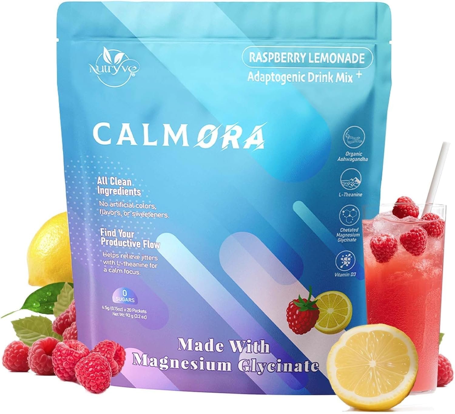 CALMORA Adaptogenic Relaxation Calm Drink Mix – Raspberry Lemonade with L-Theanine, Ashwagandha & Magnesium Glycinate |Sugar-Free, Non-GMO, 20 Single-Serve Packets