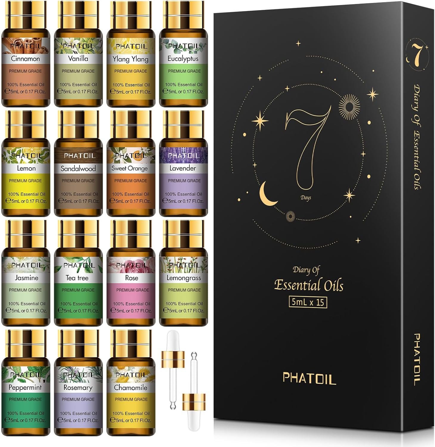 PHATOIL 15PCS Essential Oils Gift Set – Premium Quality 100% Natural Pure Essential Oils for Aromatherapy Diffuser Yoga Home Office Soap Candle Making- 5ml/Bottle