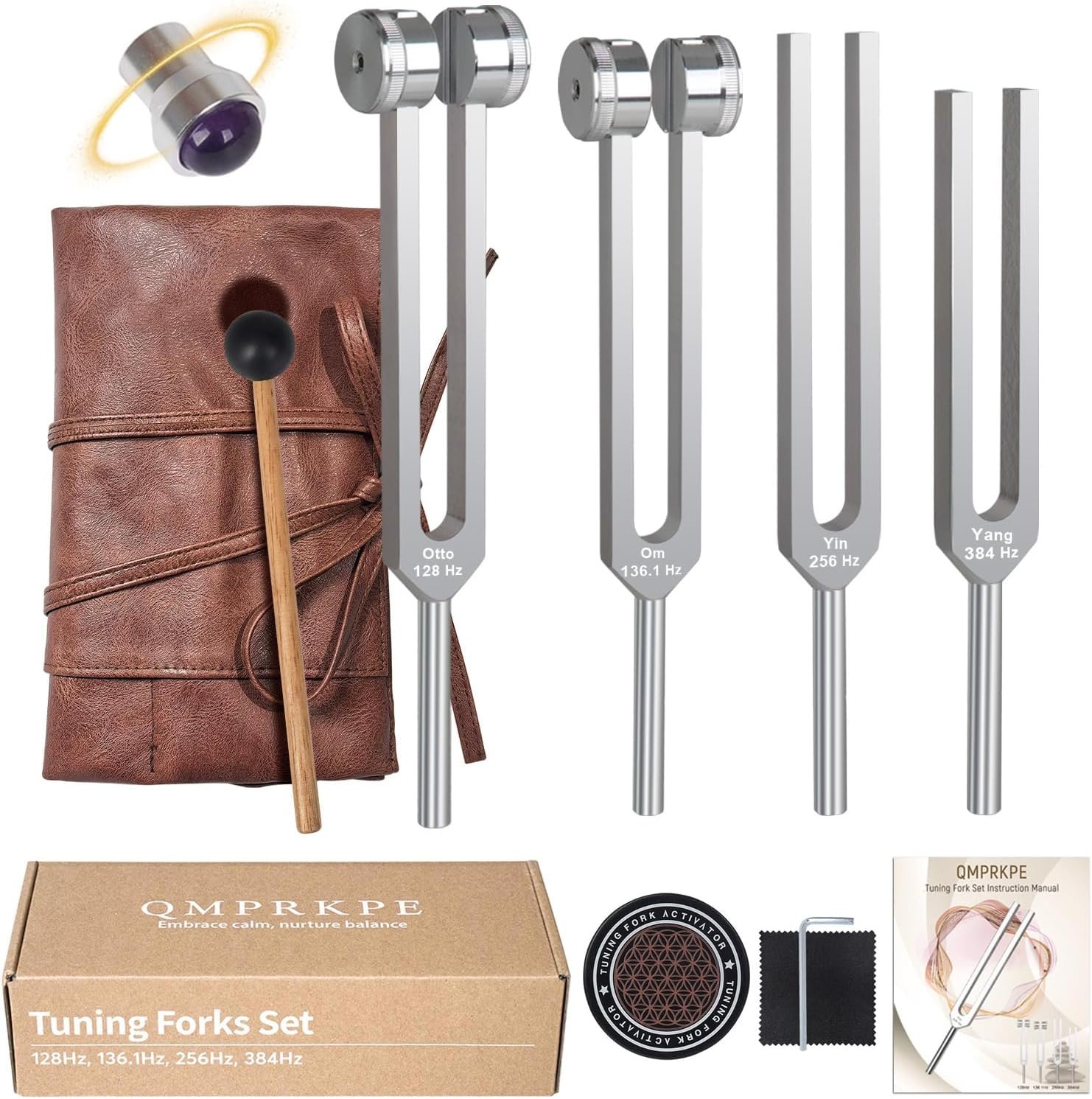 Tuning Forks for Healing Set – 128Hz,136.1Hz,256Hz,384Hz Weighted & Unweighted, Crystal Base, Activator, Mallet, Leather Pouch, Chakra Sound Healing Tools for Meditation, Yoga, Stress Relief