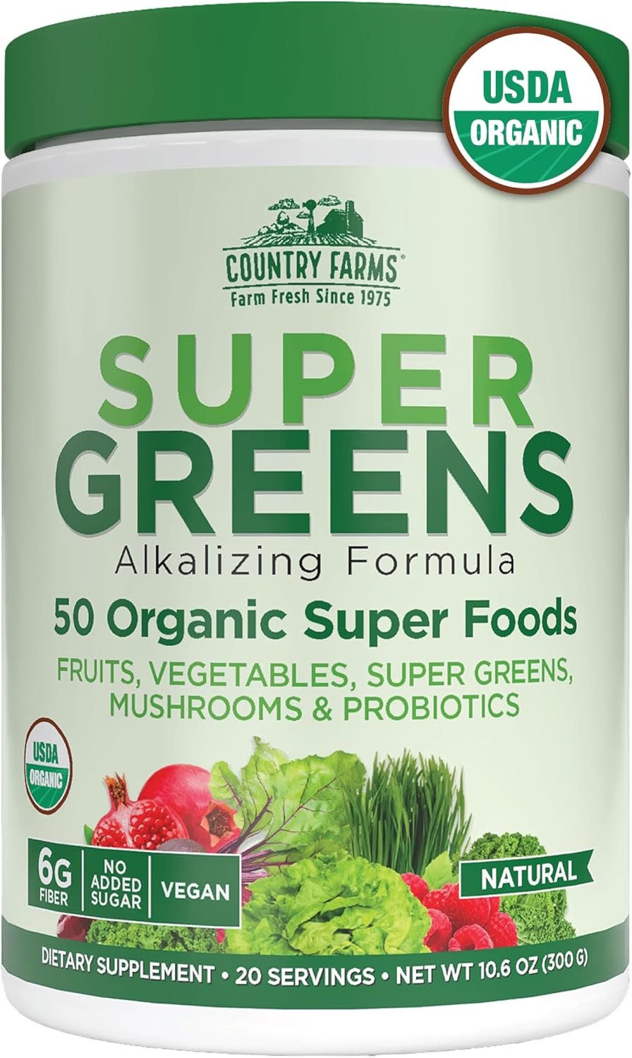 Country Farms Organic Super Greens Powder, 50 Organic Superfoods, Daily Greens Drink Mix with Fruits, Vegetables, Fiber, Probiotics & Mushrooms, Supports Energy, Gut Health & Digestion, Natural Flavor