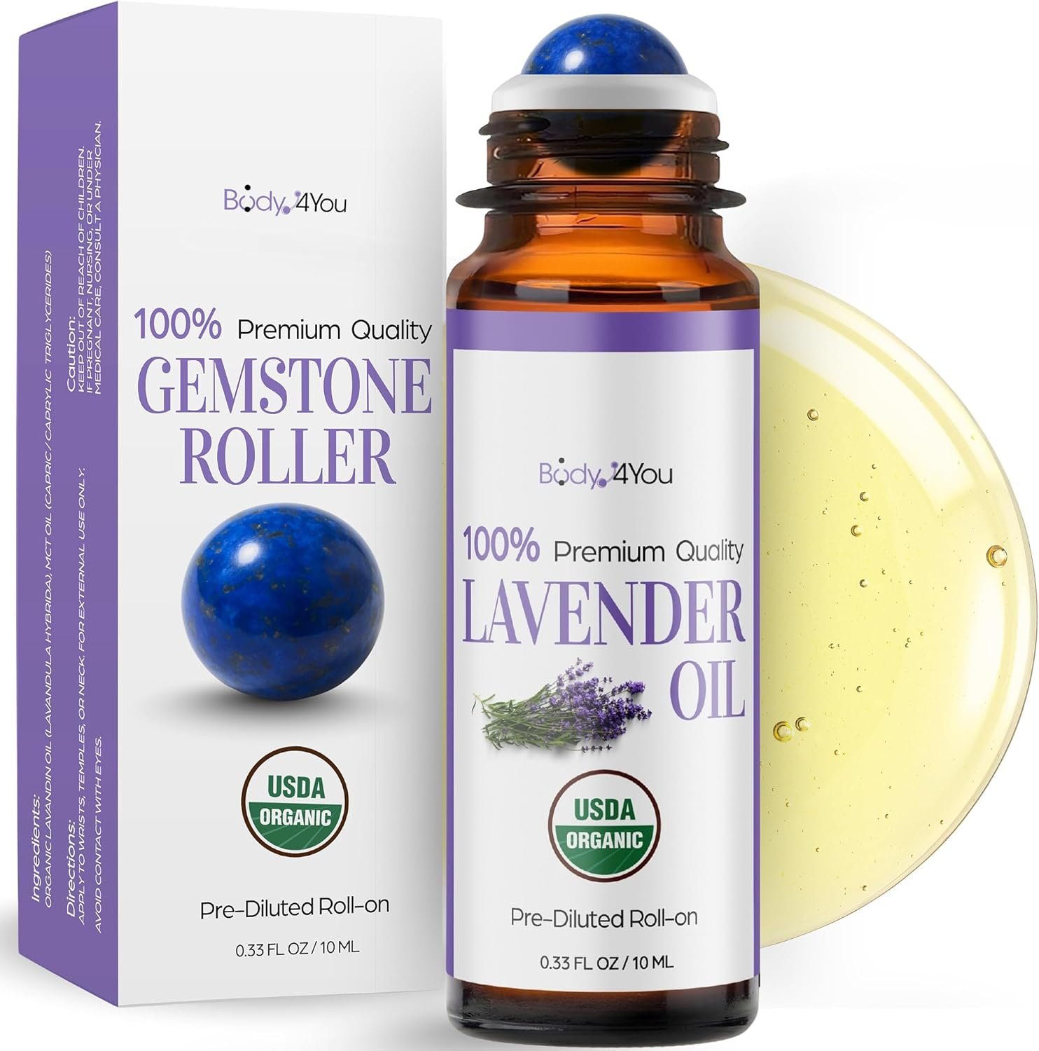Lavender Essential Oil Roll On for Sleep Anxiety Stress Relief – 100% Pure USDA Organic Pre-Diluted MCT Coconut Oil – Calming Relaxing Bedtime Aromatherapy Yoga – Gemstone Roller 10ml Travel Size