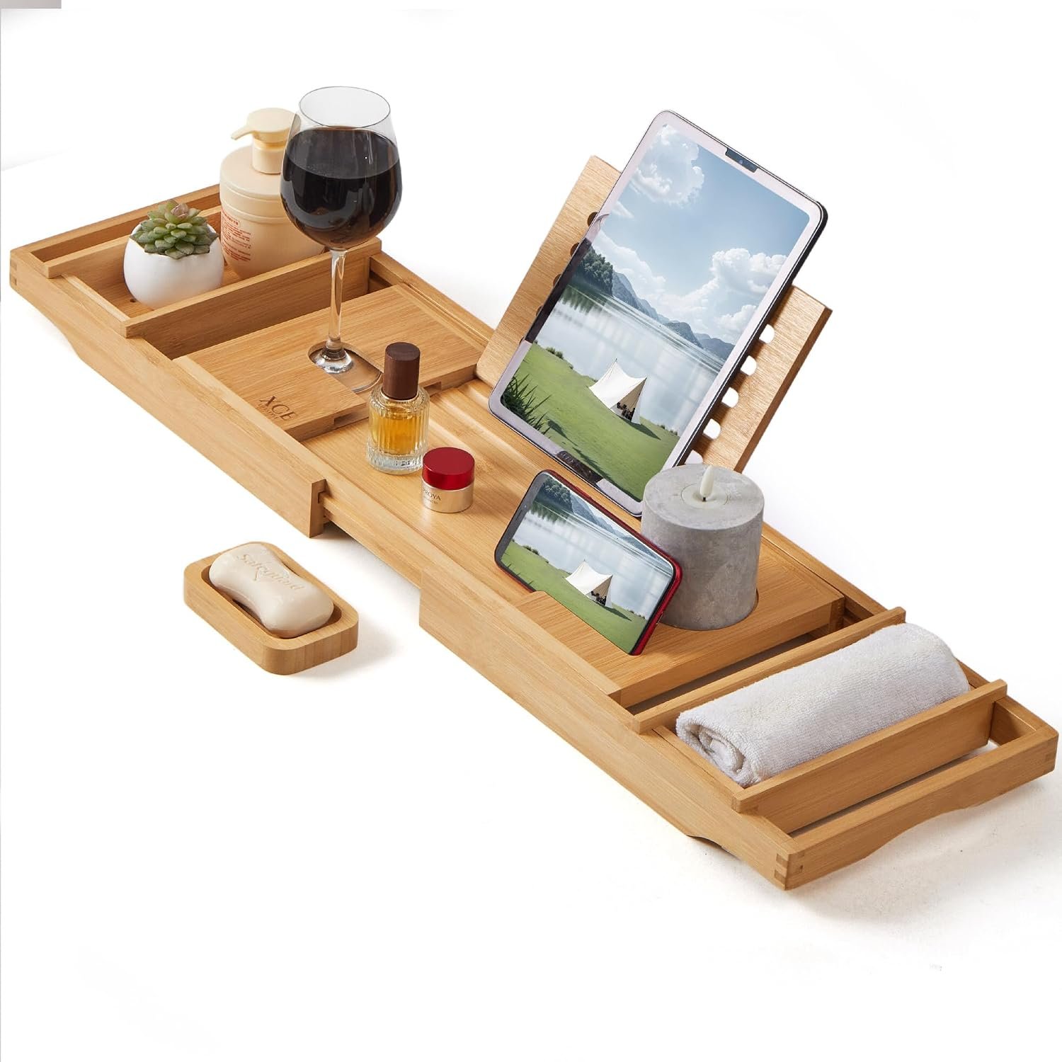 XcE Bamboo Bathtub Caddy Tray – Expandable to 41 Inches with Book Stand, Soap Holder & Anti-Slip Pads for Luxury Bath Spa, Natural