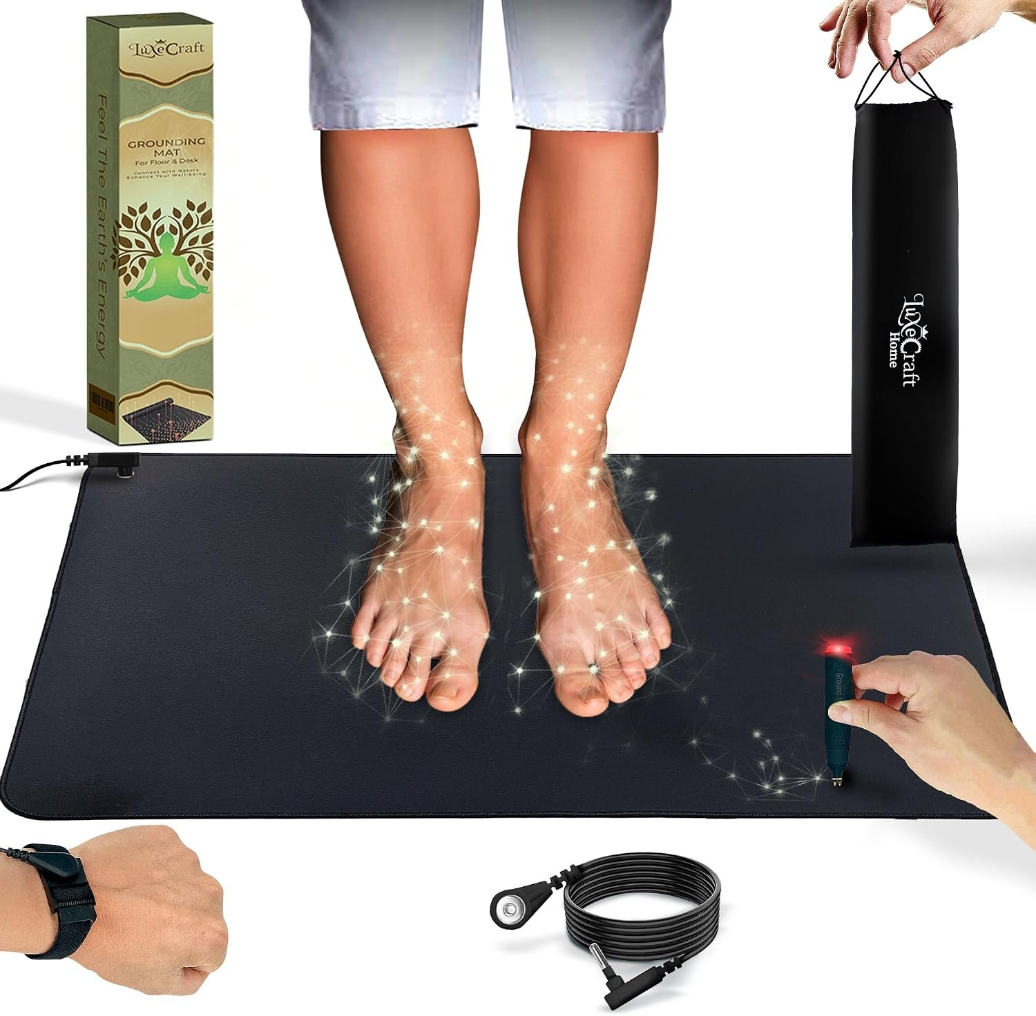 LuxeCraft Grounding Mat for Feet – Anti-Slip PU Leather | Earthing Mat with Tester Pen, Wrist Band & Connection Cord | Grounding Mat for Better Sleep, Pain Relief & Wellness (Large Size 24’’x16’’)