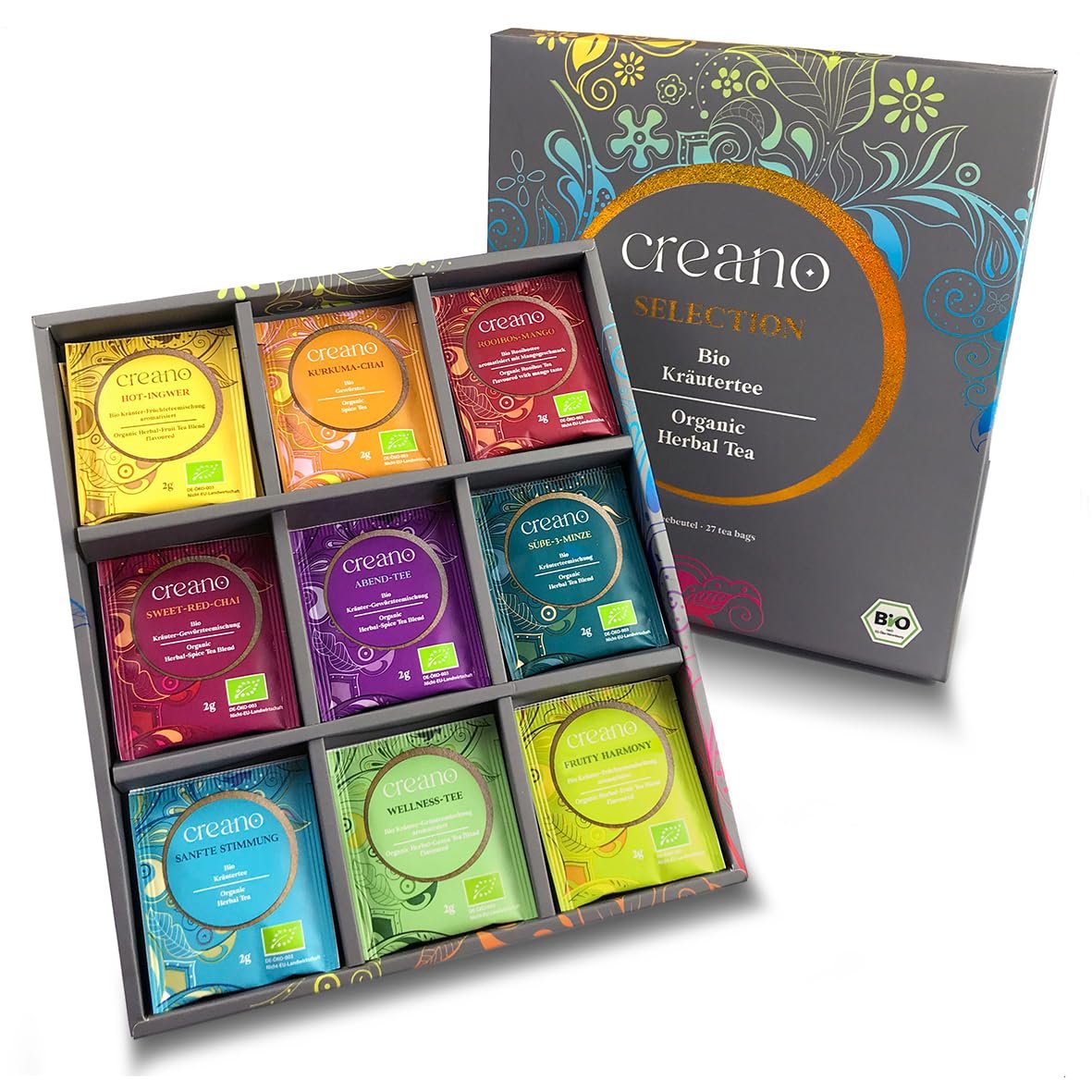Creano Organic Herbal Tea Sampler Gift Set – Tea Gift Box – 27 Organic Tea Bags in 9 Different Varieties 54 g