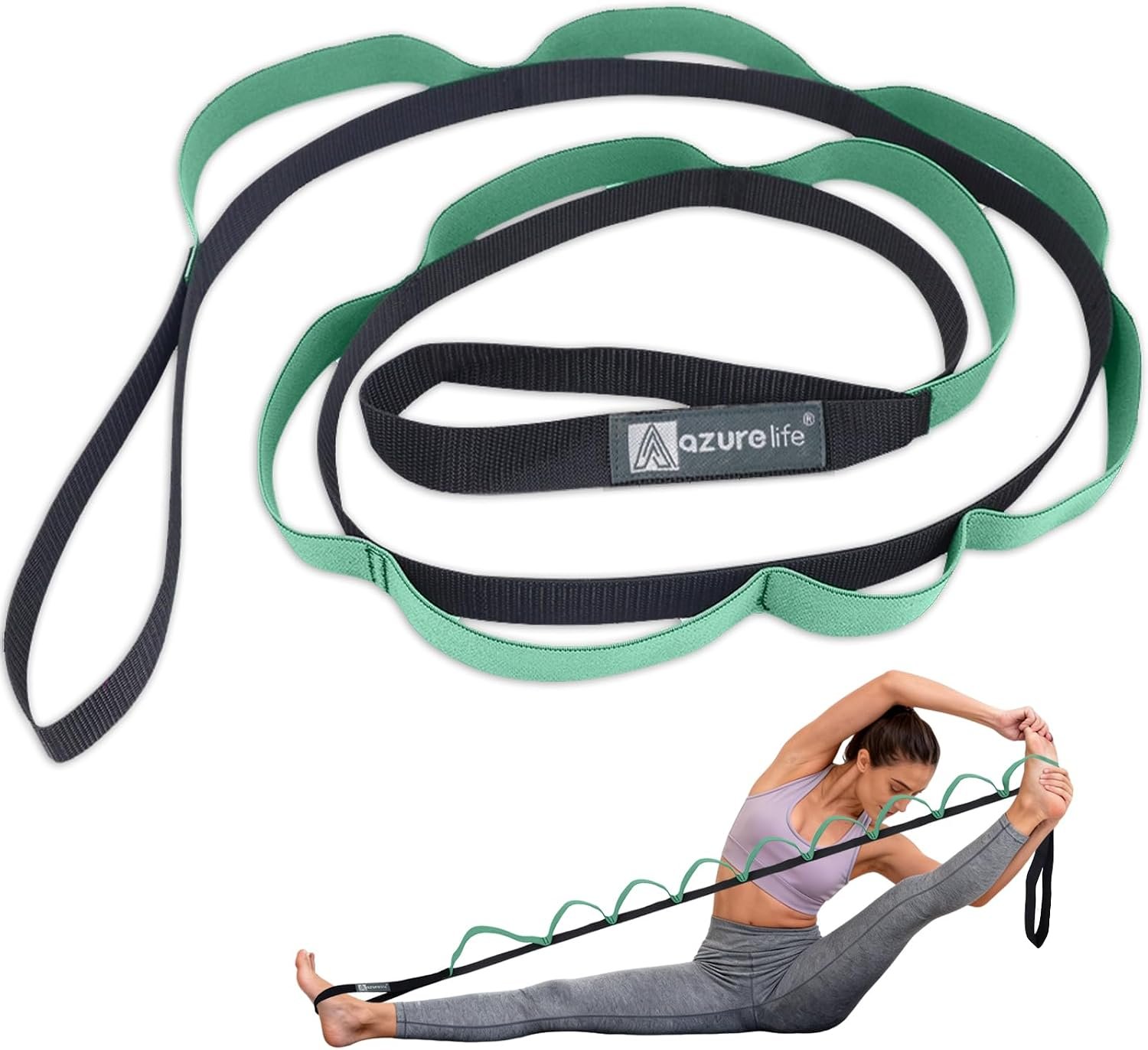 A AZURELIFE Half-Elastic Stretch Straps with 11 Loops, Stretching Strap for Physical Therapy, Multi-Loop Yoga Strap Fitness Exercise Strap for Yoga, Pilates, Dance, Flexibility&Exercise