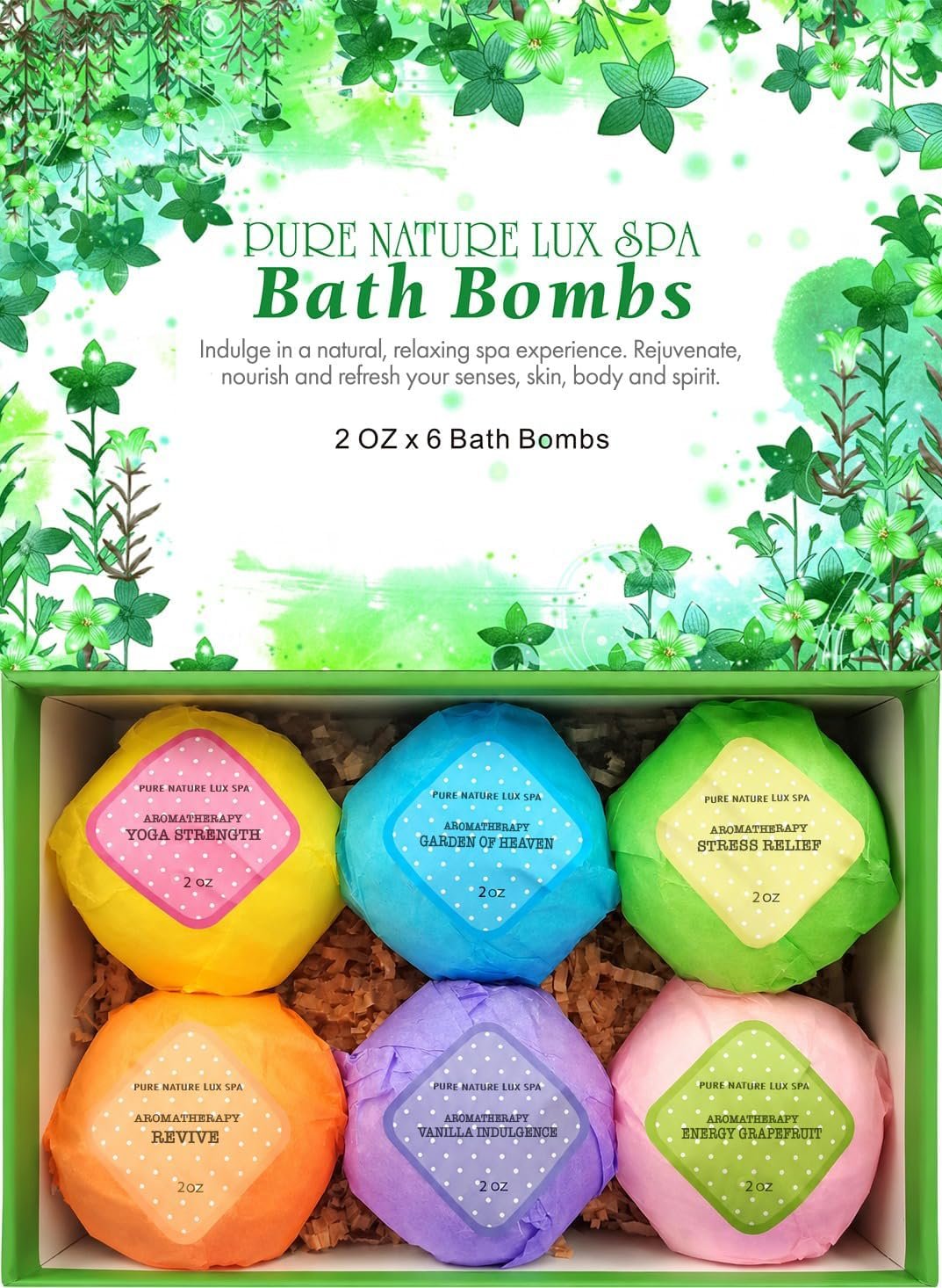 Bath Bombs Gift Set – 6 Individually Wrapped Aromatherapy Fizzies with Coconut and Essential Oils – Relaxing Spa Gift for Women – Set of 6 (2 Oz Each)