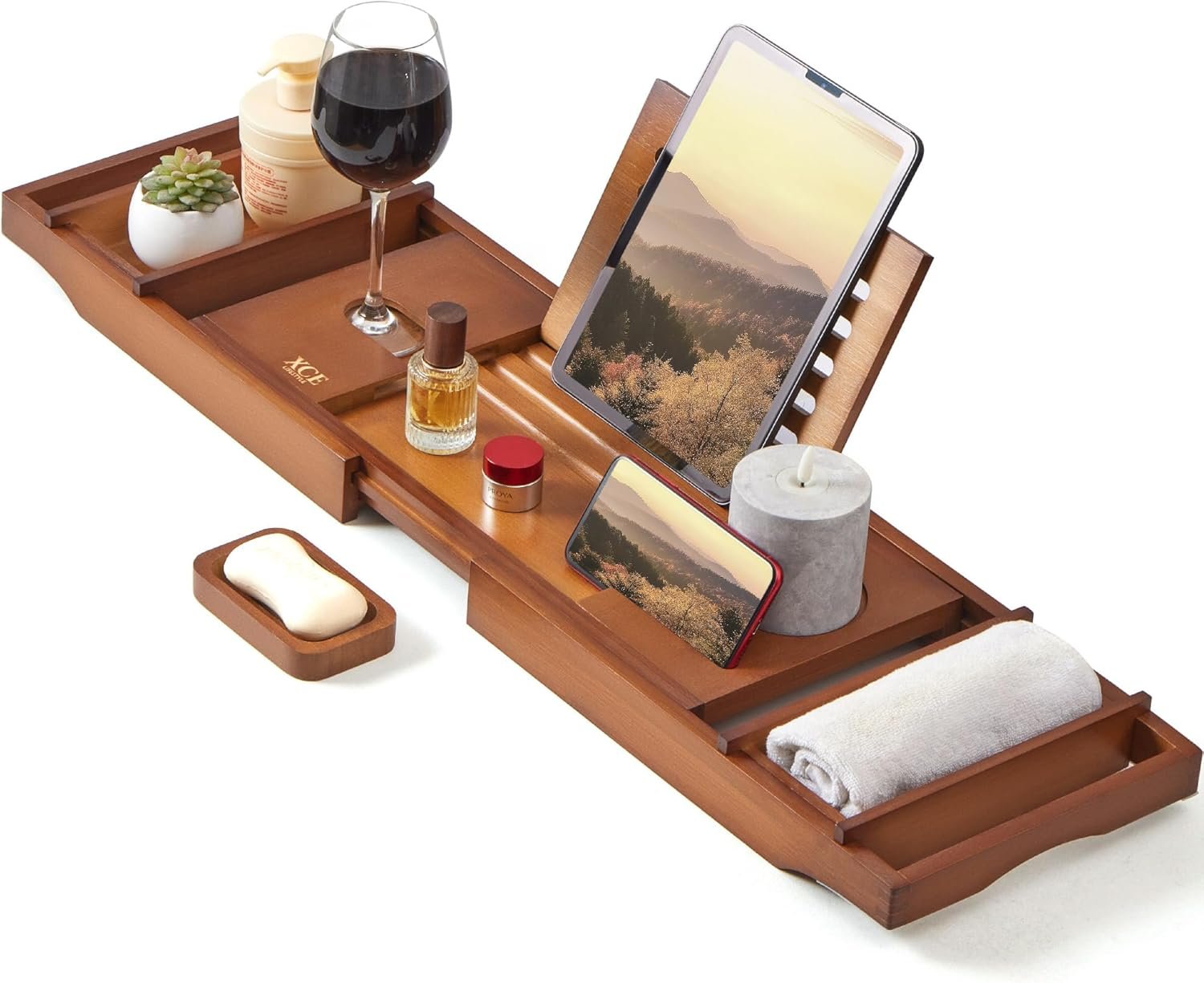 XcE Bamboo Bathtub Caddy Tray – Expandable to 41 Inches with Book Stand, Soap Holder & Anti-Slip Pads for Luxury Bath Spa, Brown