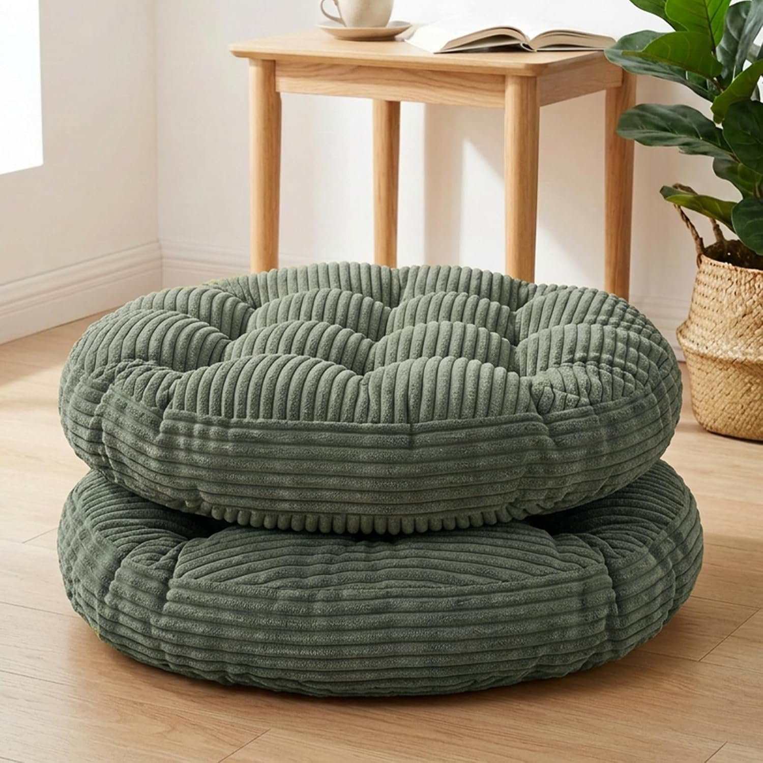 Large Floor Pillow for Adults, 22×22″ Memory Foam Floor Cushion with Corduroy Cover, Round Floor Sitting Cushions for Meditation, Lounge,Seating for Yoga, Tatami Living Room (2, Round-Dark Green)