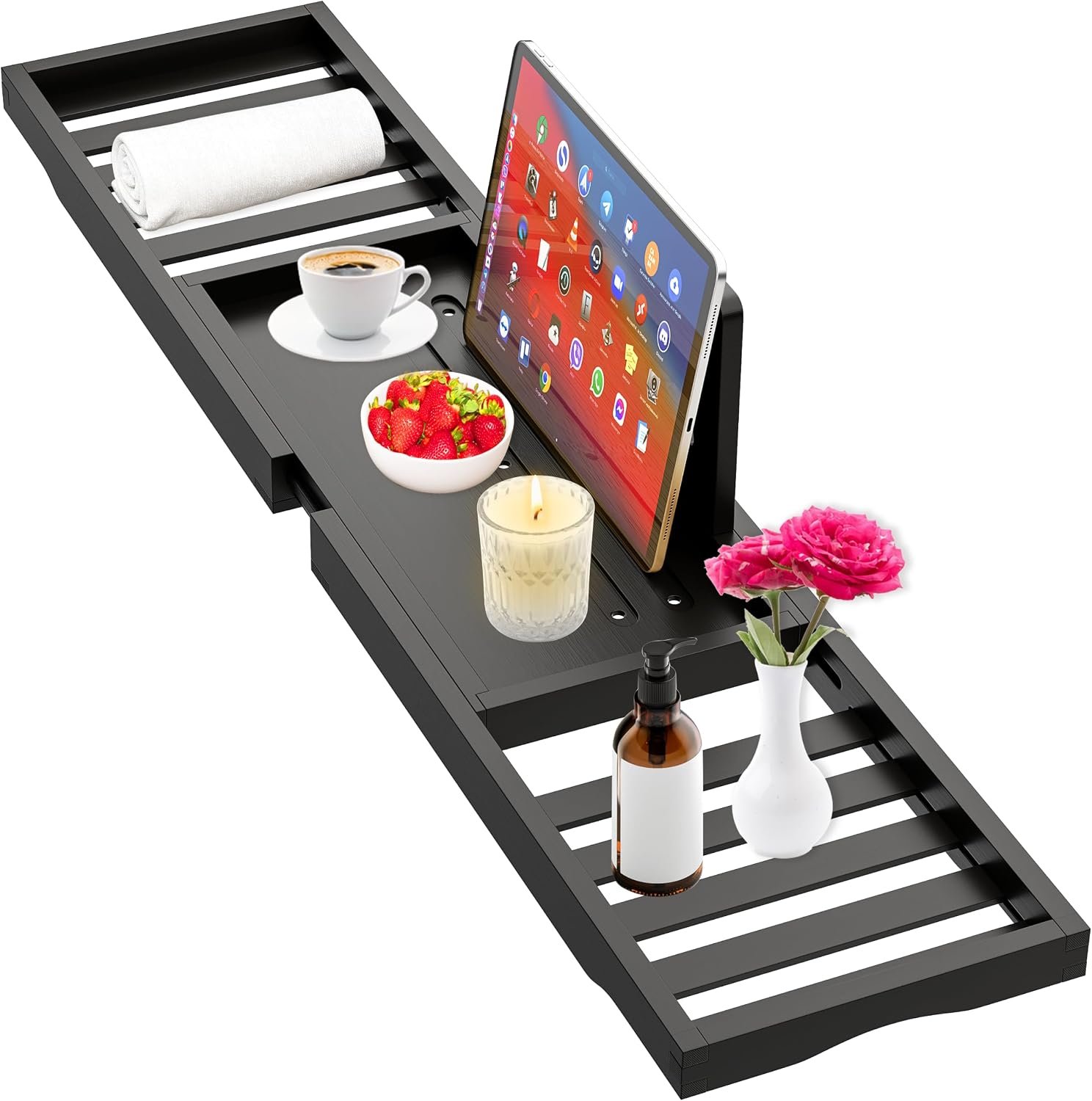 Bathtub Tray Black – Bath Tray Expandable – Bath Table Trays for Bathtub/Tub,Premium Bamboo Wooden, Fits Most Bath Tubs