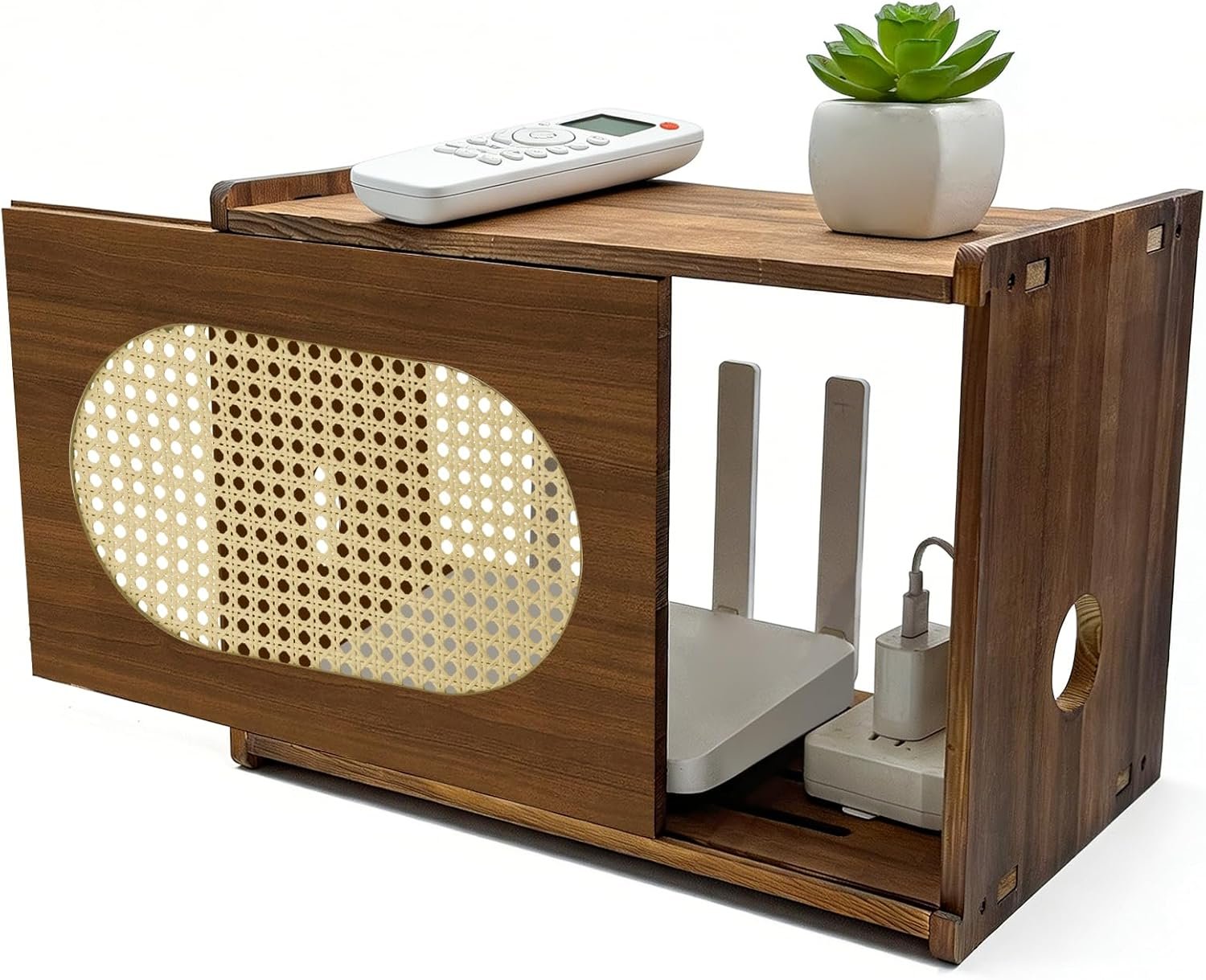 Wooden Wi-Fi Router Box Hider, Rattan Tabletop Cable Management Cabinet to Hide Modem & Cords, Fits Routers up to 11″ H, Easy Assembly, 16″x10.4″x12″