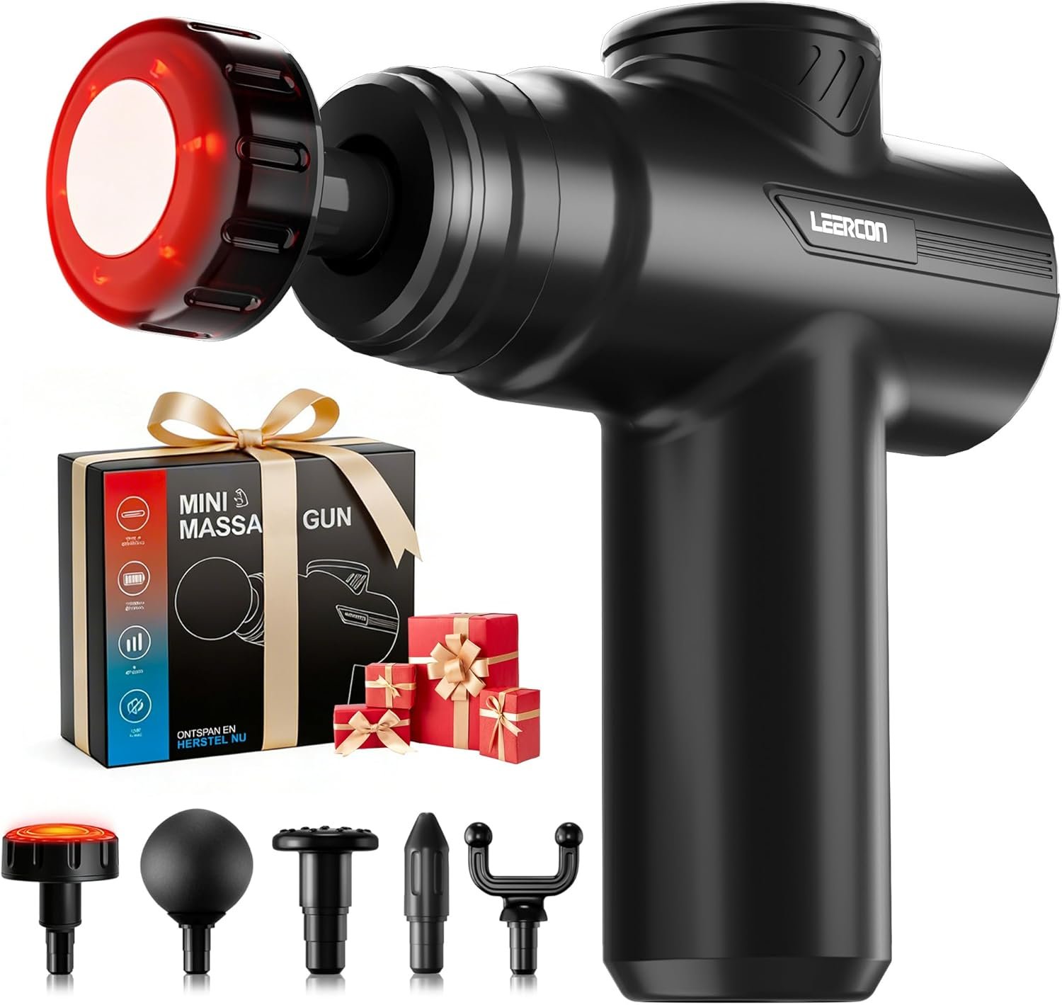 LEERCON Massage Gun with Heat, Deep Tissue Back Massager Gun Gifts for Men | Mini Handheld Percussion Massage Gun with 5 Heads and 6 Speeds 104 – 122°F, Ideal Gifts for Men Women Dad Mom Athletes, Black