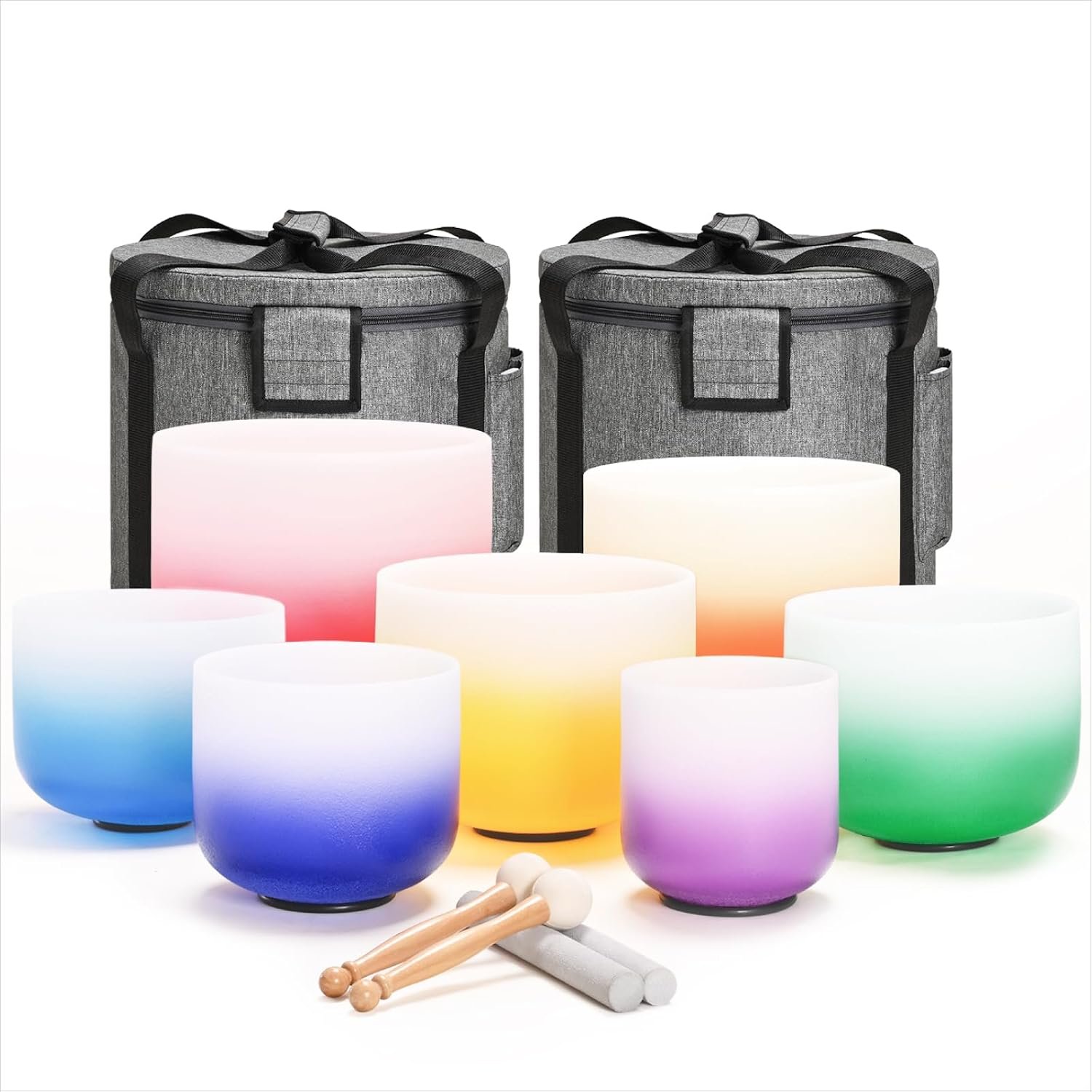 432HZ 7PCS Set Of 6-12 Inch Aria Gradient Design Frosted Quartz Crystal Singing Bowls With 2 PCS Travel Carry Case Bag.