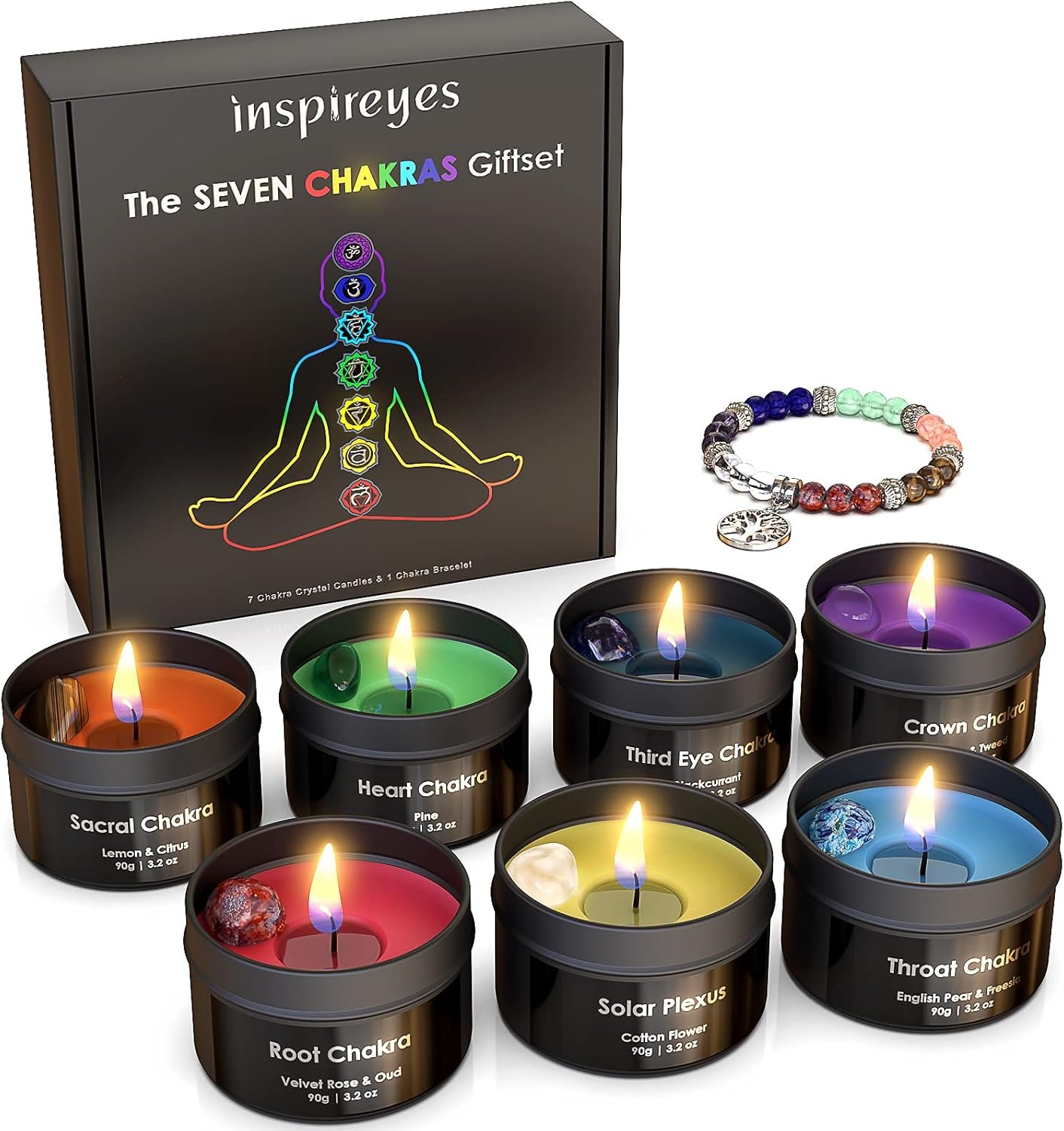 Inspireyes Chakra Candles with Premium Crystal and Healing Stones Luxury Meditation Scented Candles Gift Set for Women Stress Relief Spiritual Decor Healing Candles for Yoga, Aromatherapy