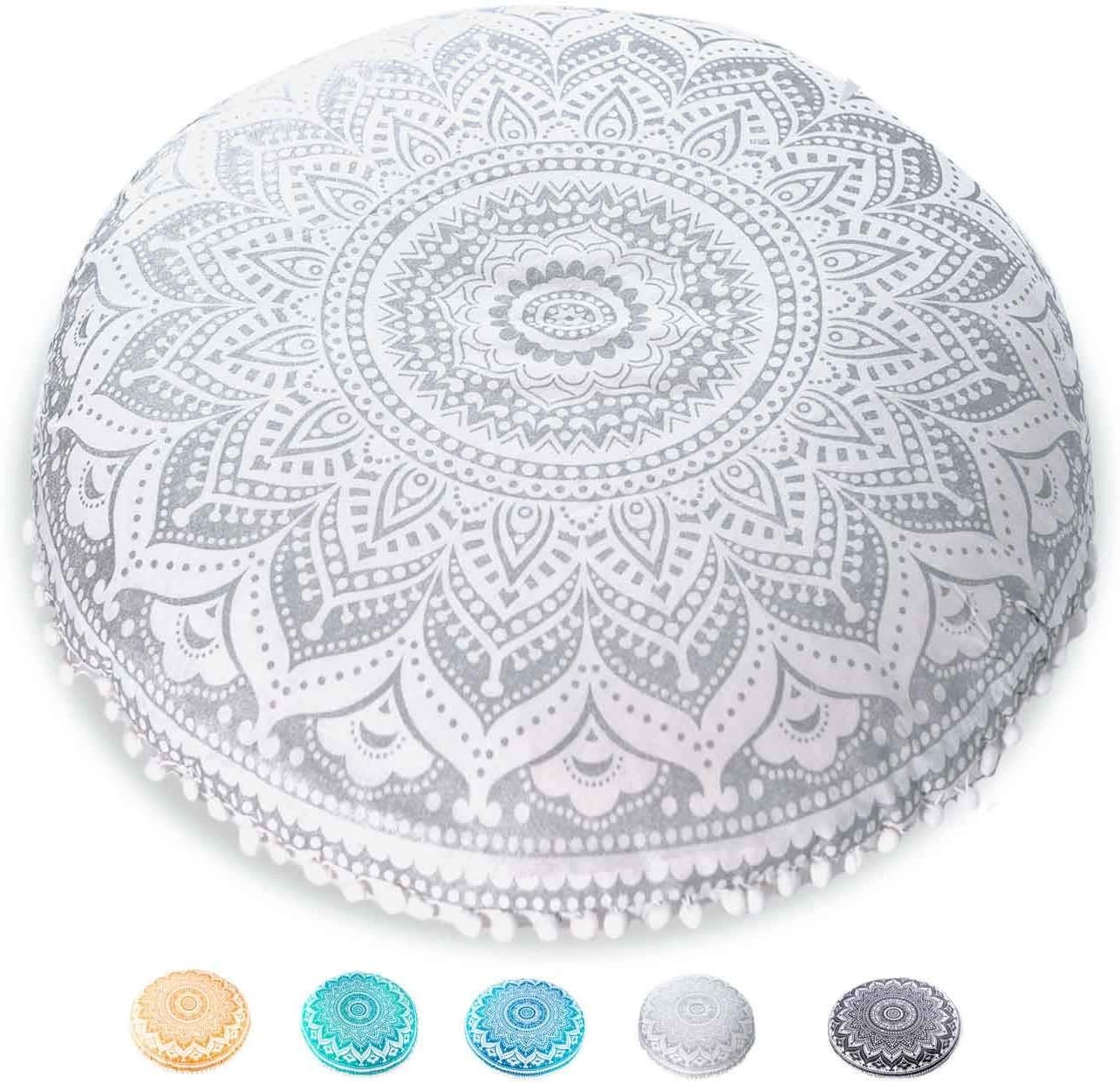 Mandala Life ART Yoga Decor Floor Cushion Cover – Round Meditation Pillow Case – Hand Printed Organic Cotton Pouf